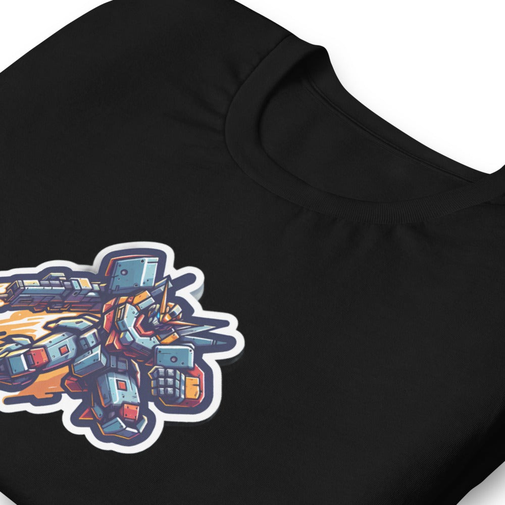 Retro T-Shirt - Battle-scarred Warrior mech rocketing through the air - Retro Style T-Shirt
