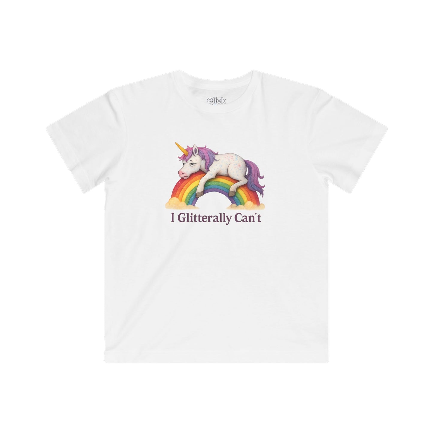 Kids Fantasy T-Shirt - Tired Glittery Magical Unicorn Lying down collapsed on a rainbow - Fantasy Style T-Shirt