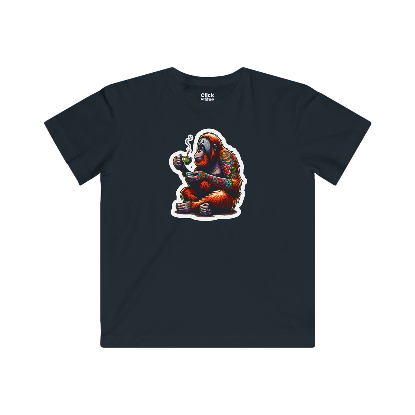 Kids Color Splatter T-Shirt - Tattooed Orangutan Drinking Tea - Color Splatter Style T-Shirt