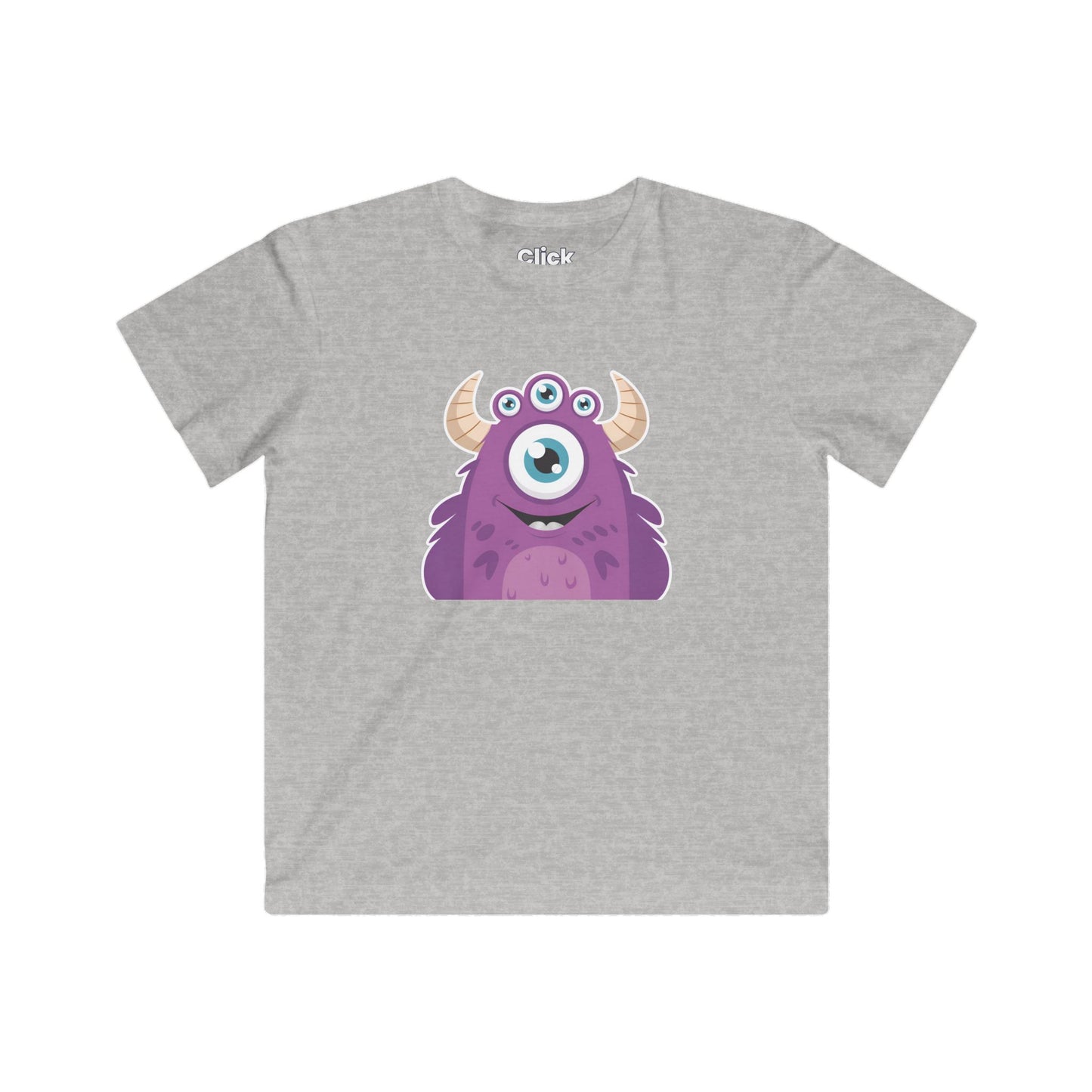 Kids Cartoon T-Shirt - Purple Monster Three eyes with horns and smiling - Cartoon Style T-Shirt