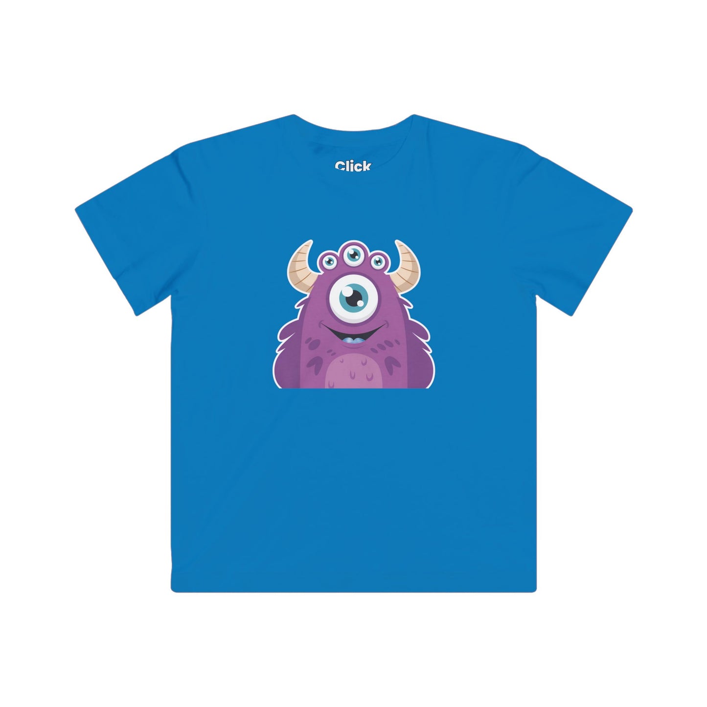 Kids Cartoon T-Shirt - Purple Monster Three eyes with horns and smiling - Cartoon Style T-Shirt