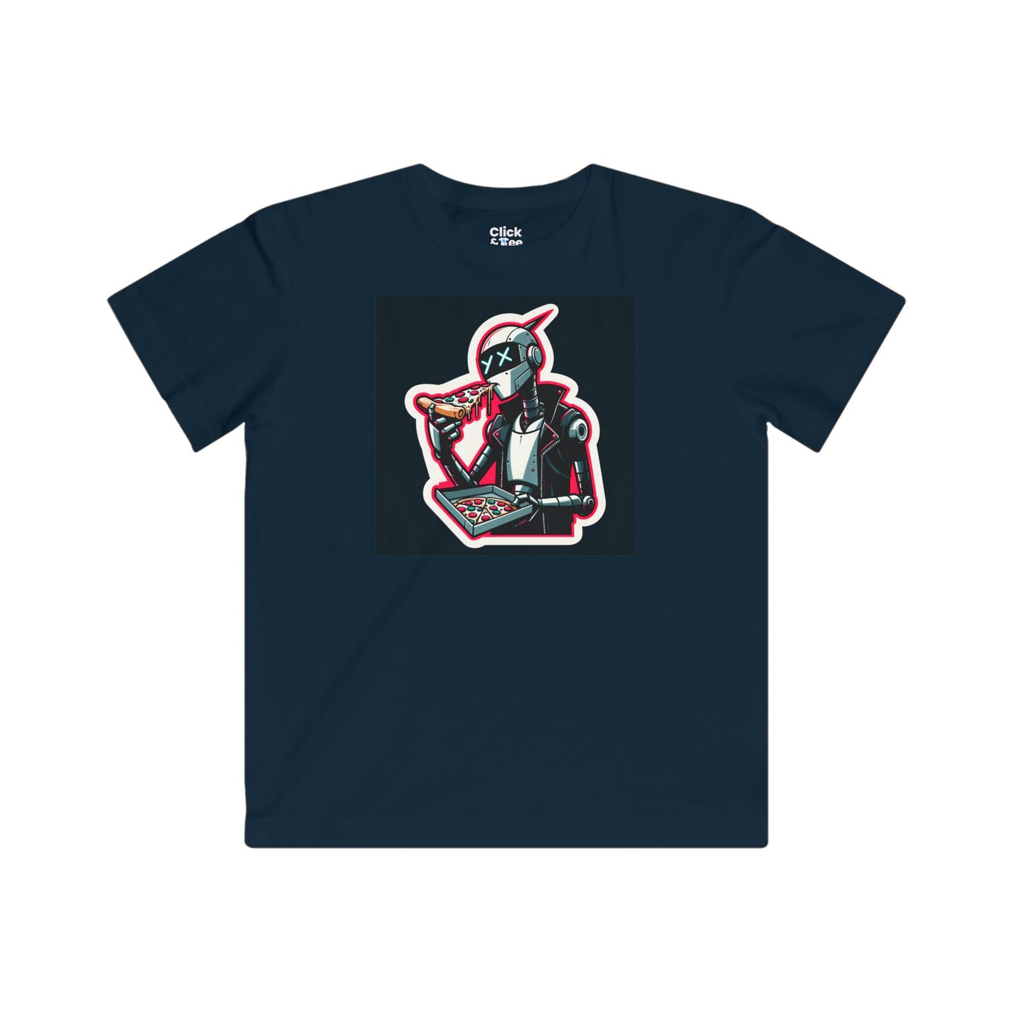 Kids Comic T-Shirt - Slim Robot Rebel Eating Pizza - Comic Style T-Shirt