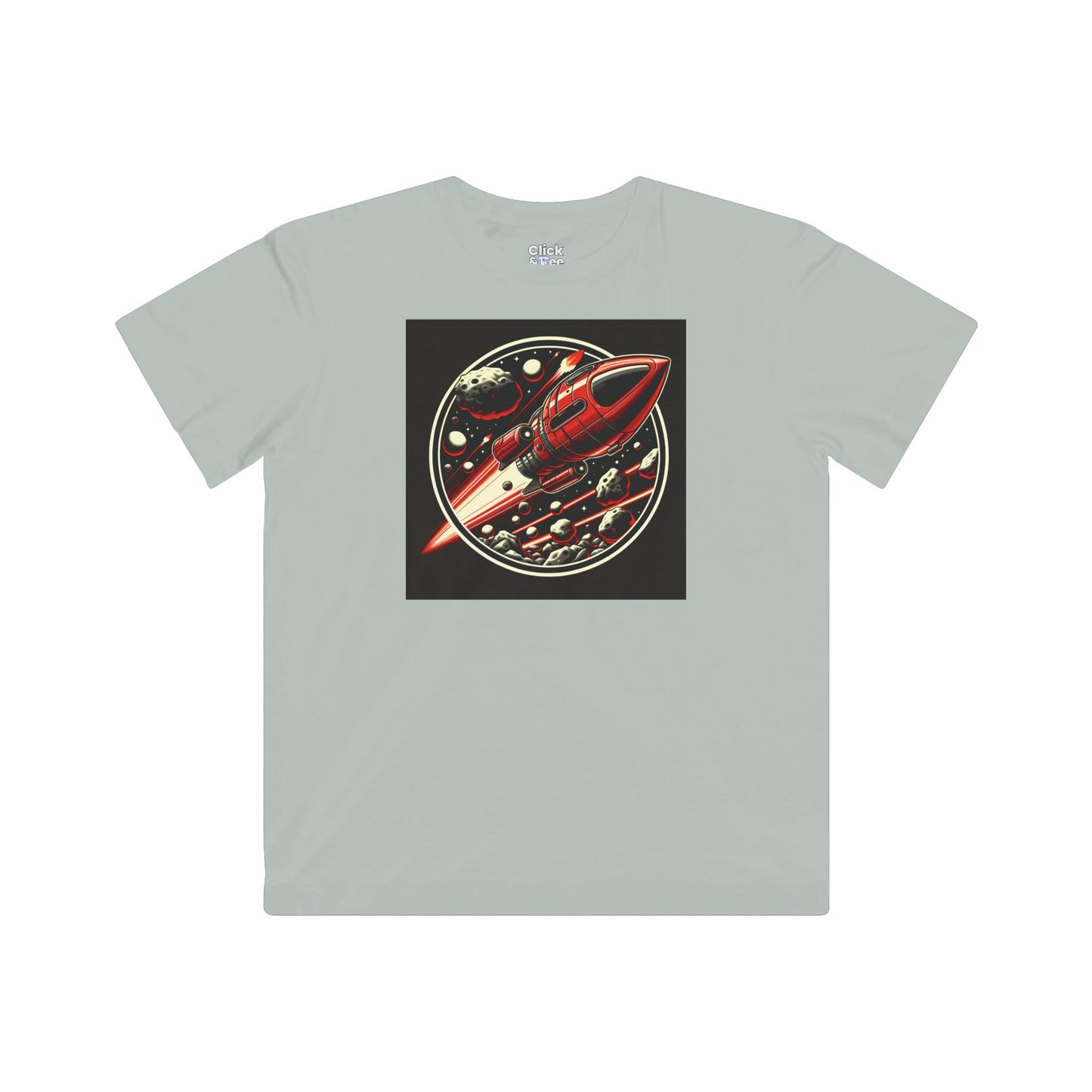 Kids Realistic T-Shirt - Retro-Futuristic Red Rocketship Racing through a treacherous asteroid field - Realistic Style T-Shirt
