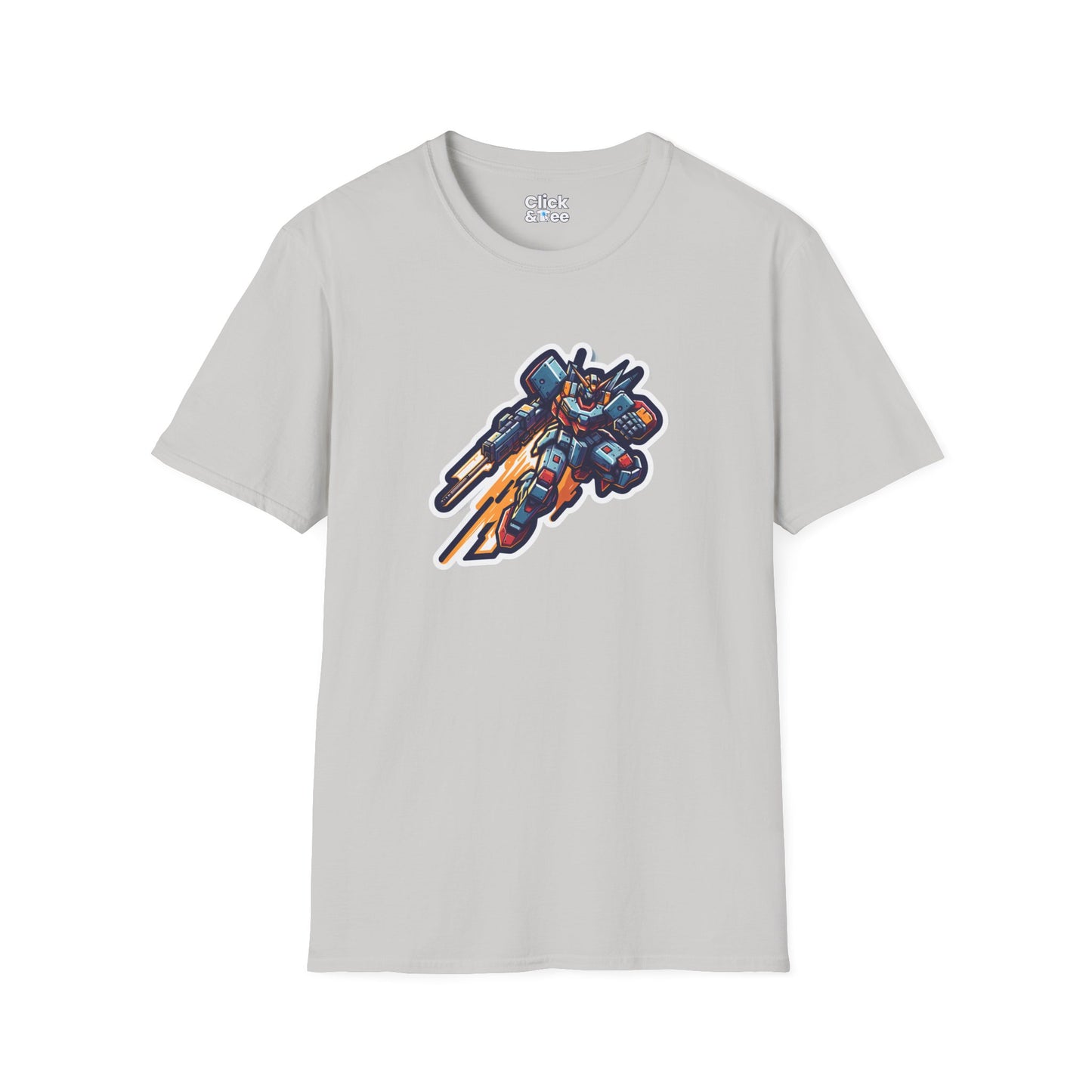 Retro T-Shirt - Battle-scarred Warrior mech rocketing through the air - Retro Style T-Shirt