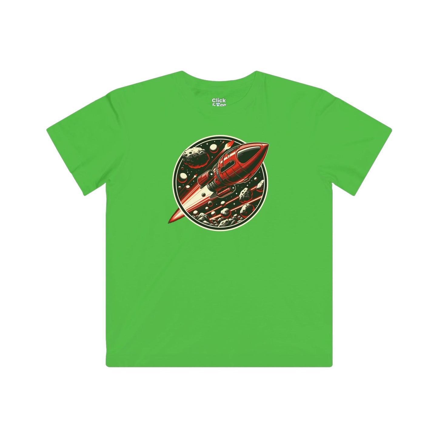 Kids Realistic T-Shirt - Retro-Futuristic Red Rocketship Racing through a treacherous asteroid field - Realistic Style T-Shirt