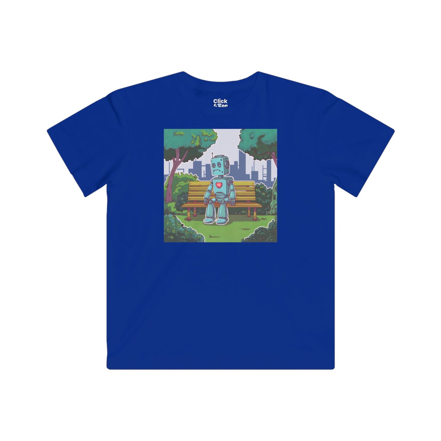Kids Cyberpunk T-Shirt - Lonely Sad Robot Sitting on a Bench - Cyberpunk Style T-Shirt