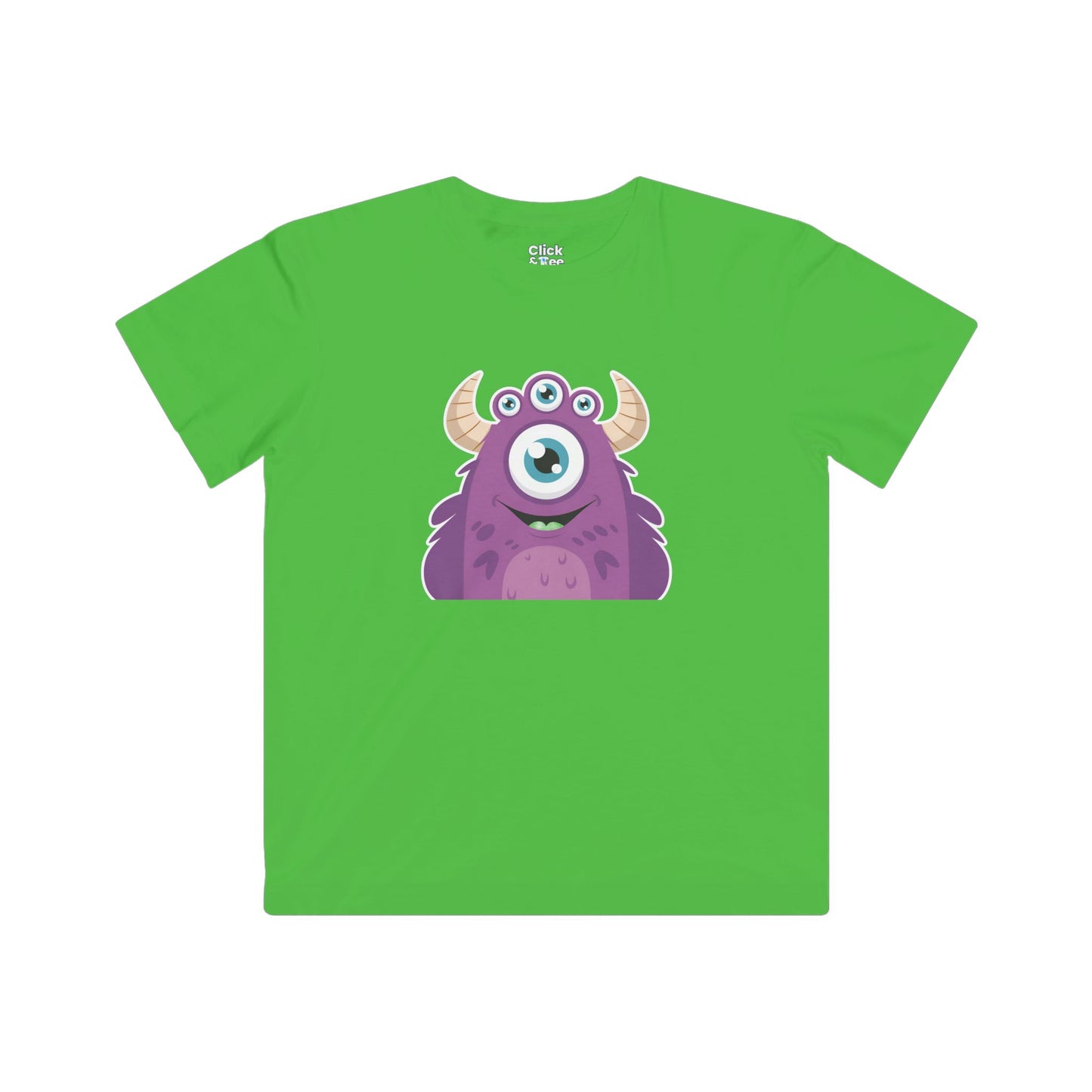 Kids Cartoon T-Shirt - Purple Monster Three eyes with horns and smiling - Cartoon Style T-Shirt