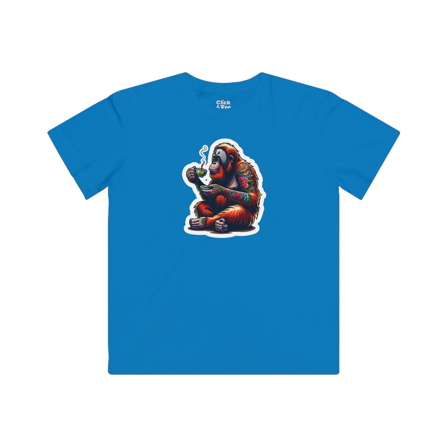 Kids Color Splatter T-Shirt - Tattooed Orangutan Drinking Tea - Color Splatter Style T-Shirt