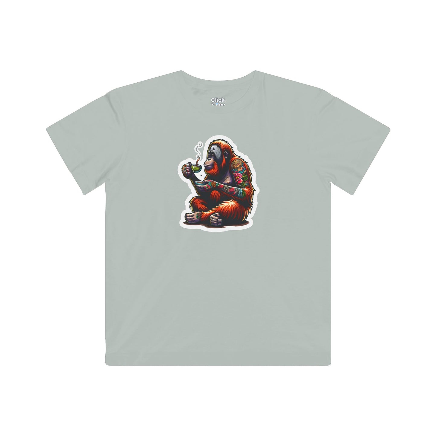 Kids Color Splatter T-Shirt - Tattooed Orangutan Drinking Tea - Color Splatter Style T-Shirt
