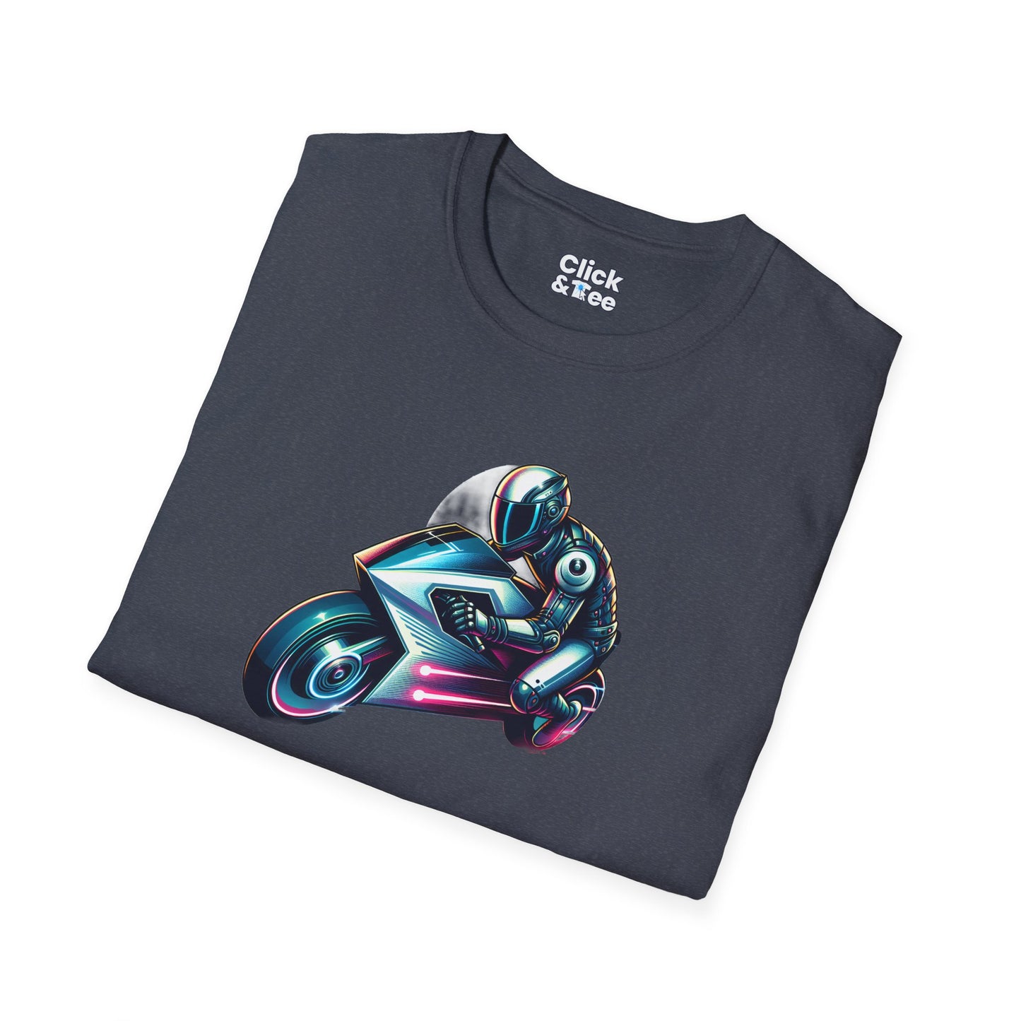 Synthwave T-Shirt - Futuristic Racer Riding a futuristic light bike - Synthwave Style T-Shirt