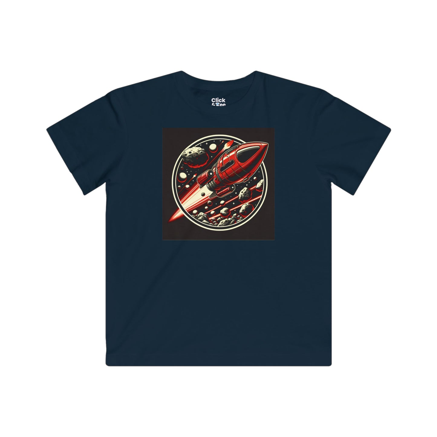 Kids Realistic T-Shirt - Retro-Futuristic Red Rocketship Racing through a treacherous asteroid field - Realistic Style T-Shirt