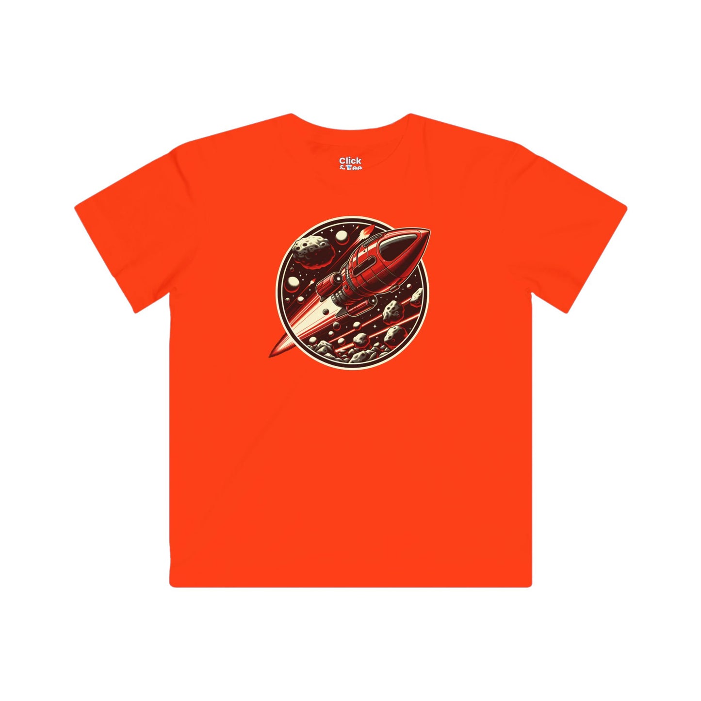 Kids Realistic T-Shirt - Retro-Futuristic Red Rocketship Racing through a treacherous asteroid field - Realistic Style T-Shirt