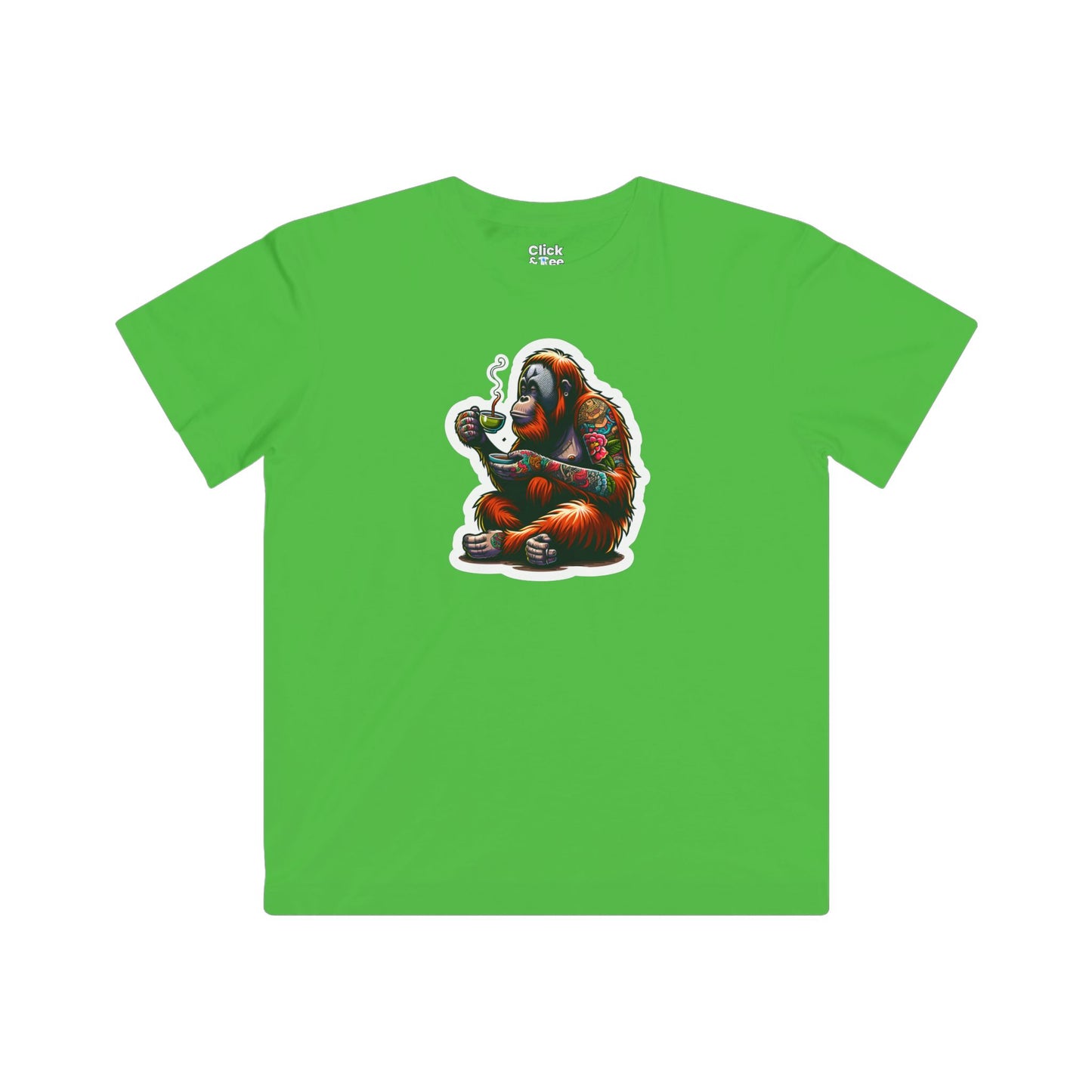 Kids Color Splatter T-Shirt - Tattooed Orangutan Drinking Tea - Color Splatter Style T-Shirt