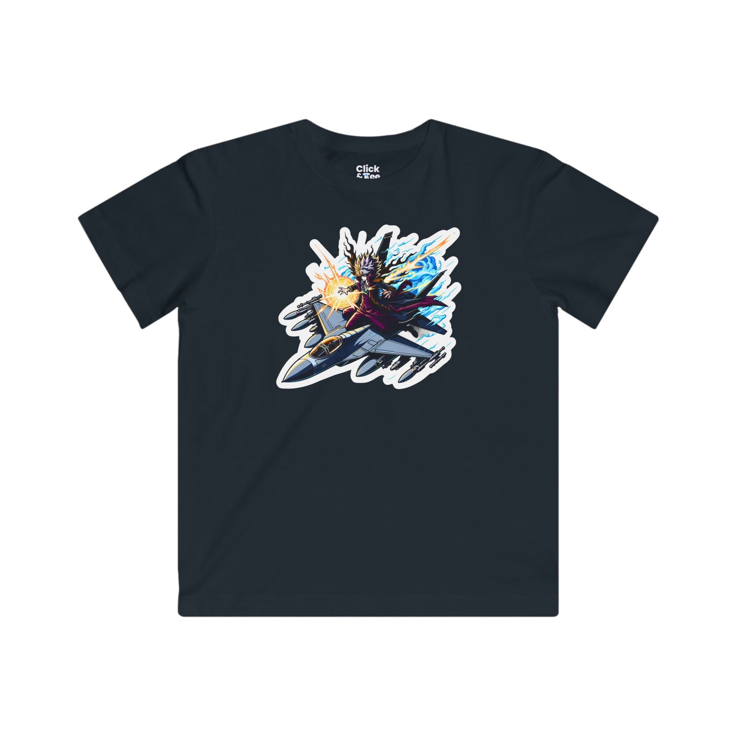 Kids Shonen Anime T-Shirt - Disheveled Warlock Flying a Fighter Jet - Shonen Anime Style T-Shirt