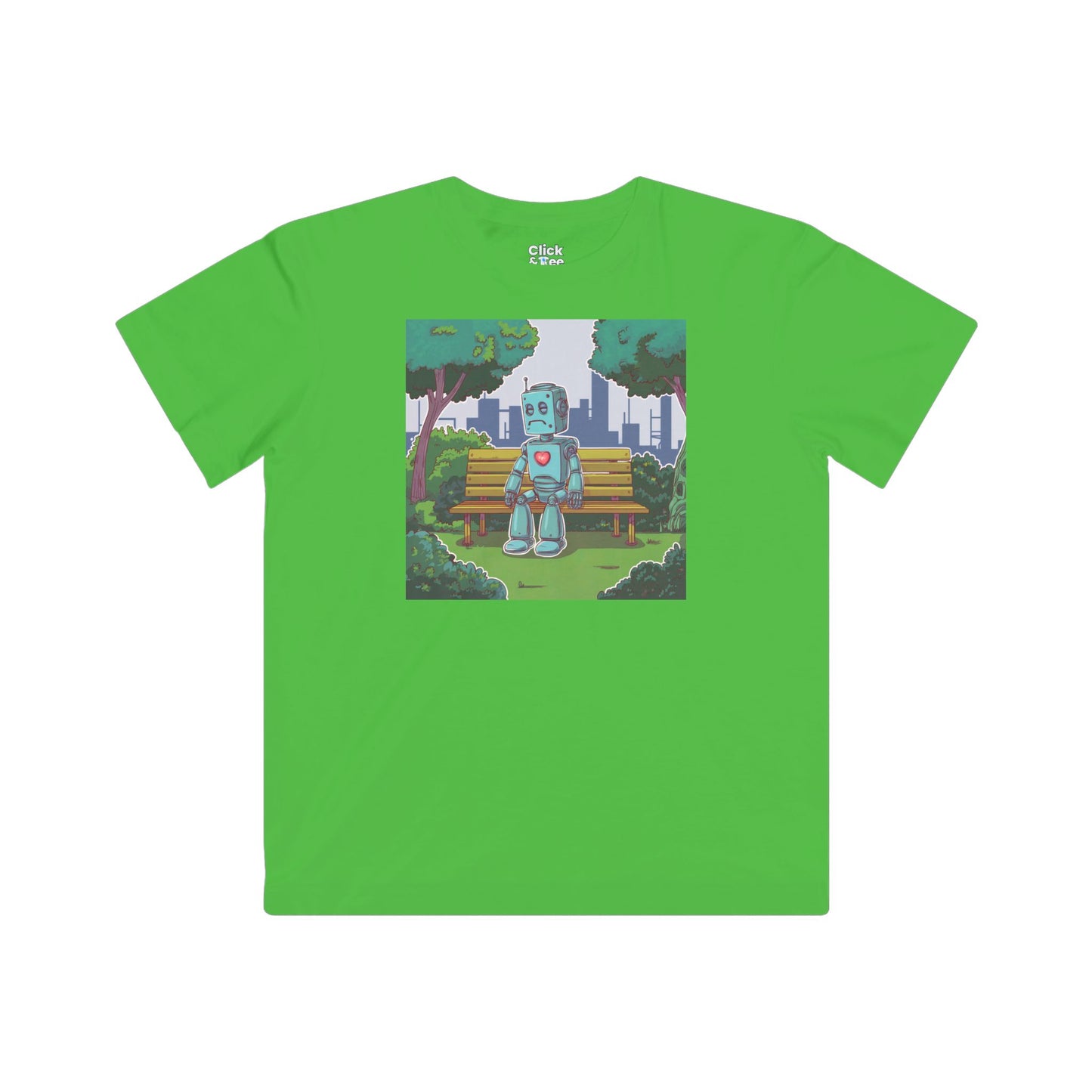 Kids Cyberpunk T-Shirt - Lonely Sad Robot Sitting on a Bench - Cyberpunk Style T-Shirt