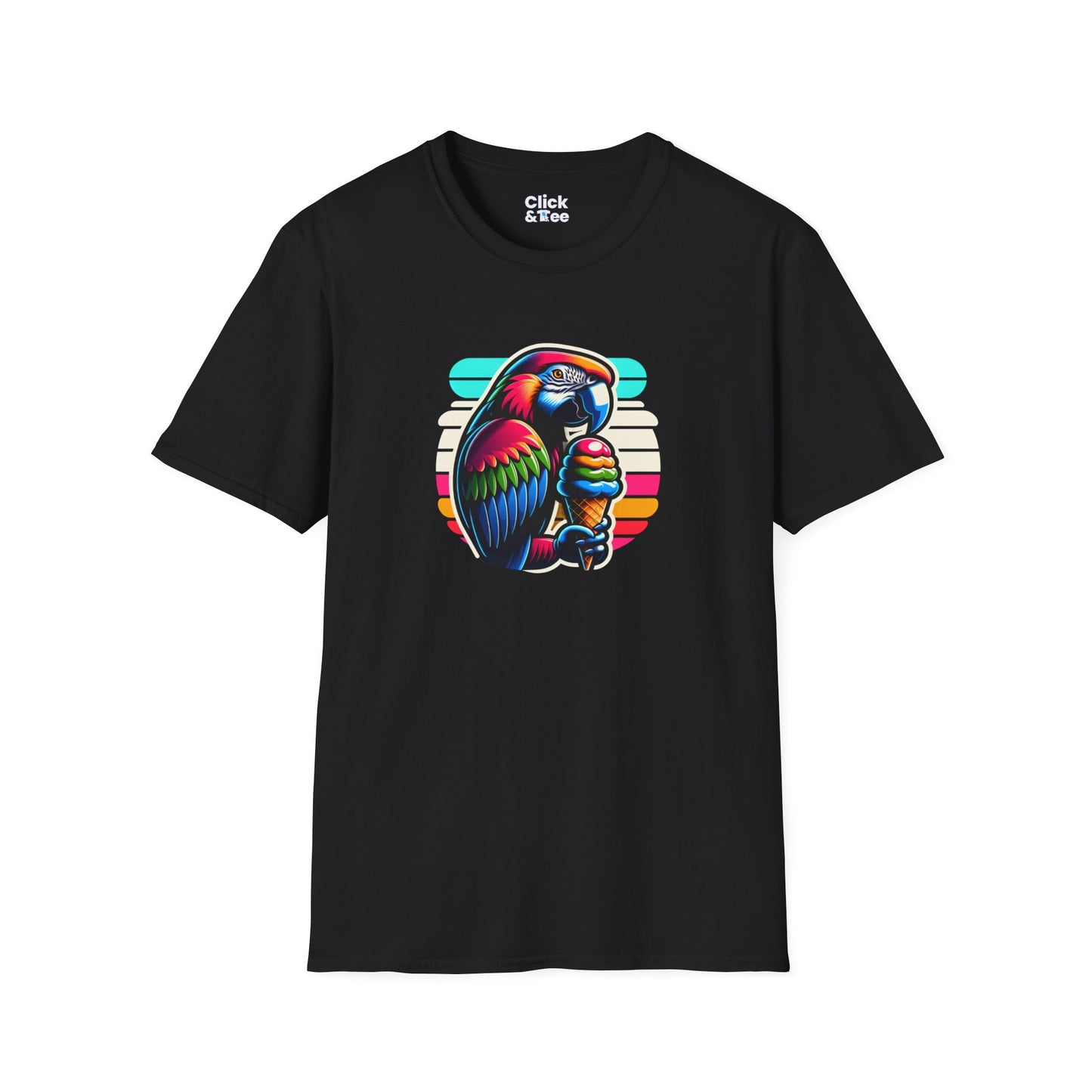 80s Neon T-Shirt - Tropical Parrot Eating rainbow ice cream - 80s Neon Style T-Shirt