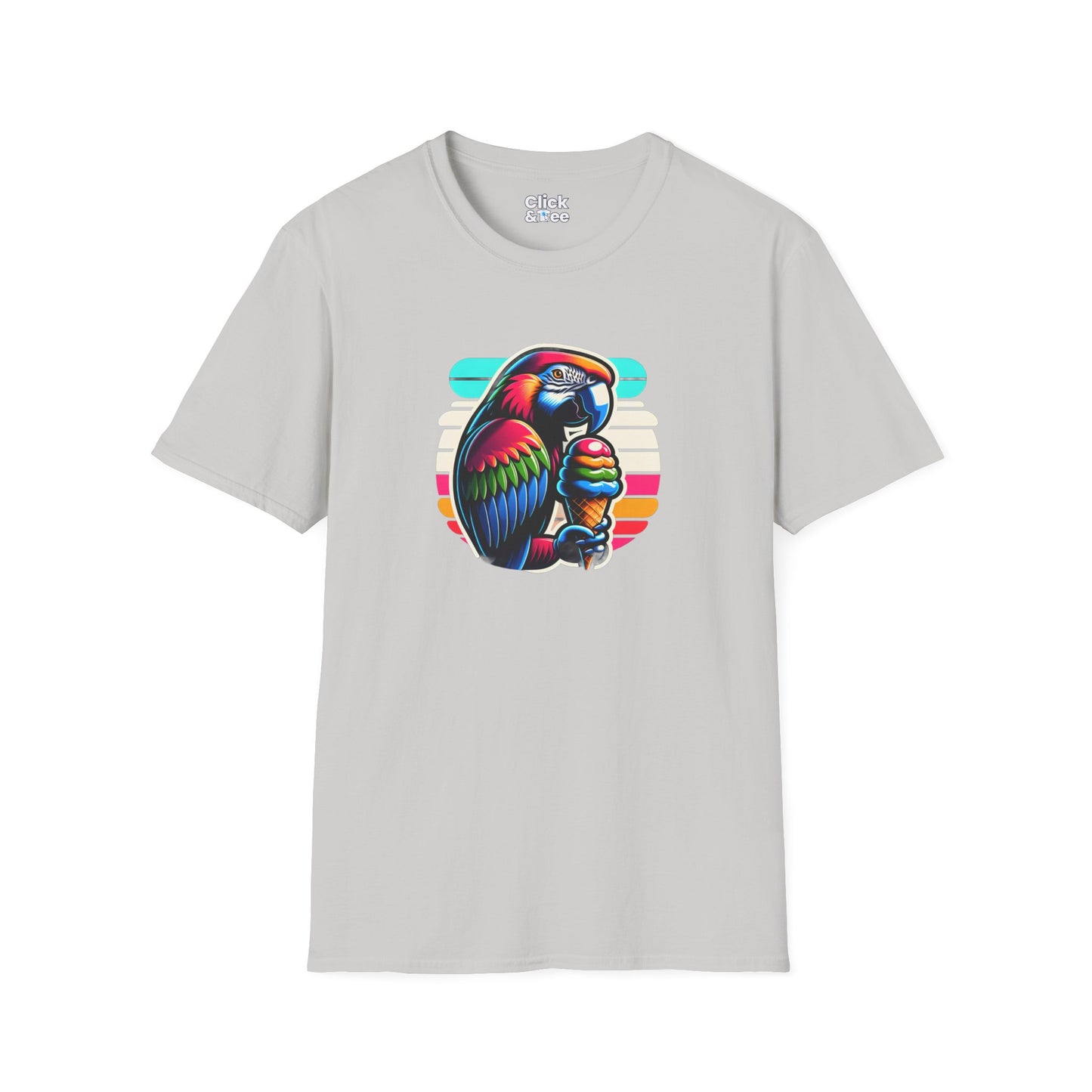 80s Neon T-Shirt - Tropical Parrot Eating rainbow ice cream - 80s Neon Style T-Shirt