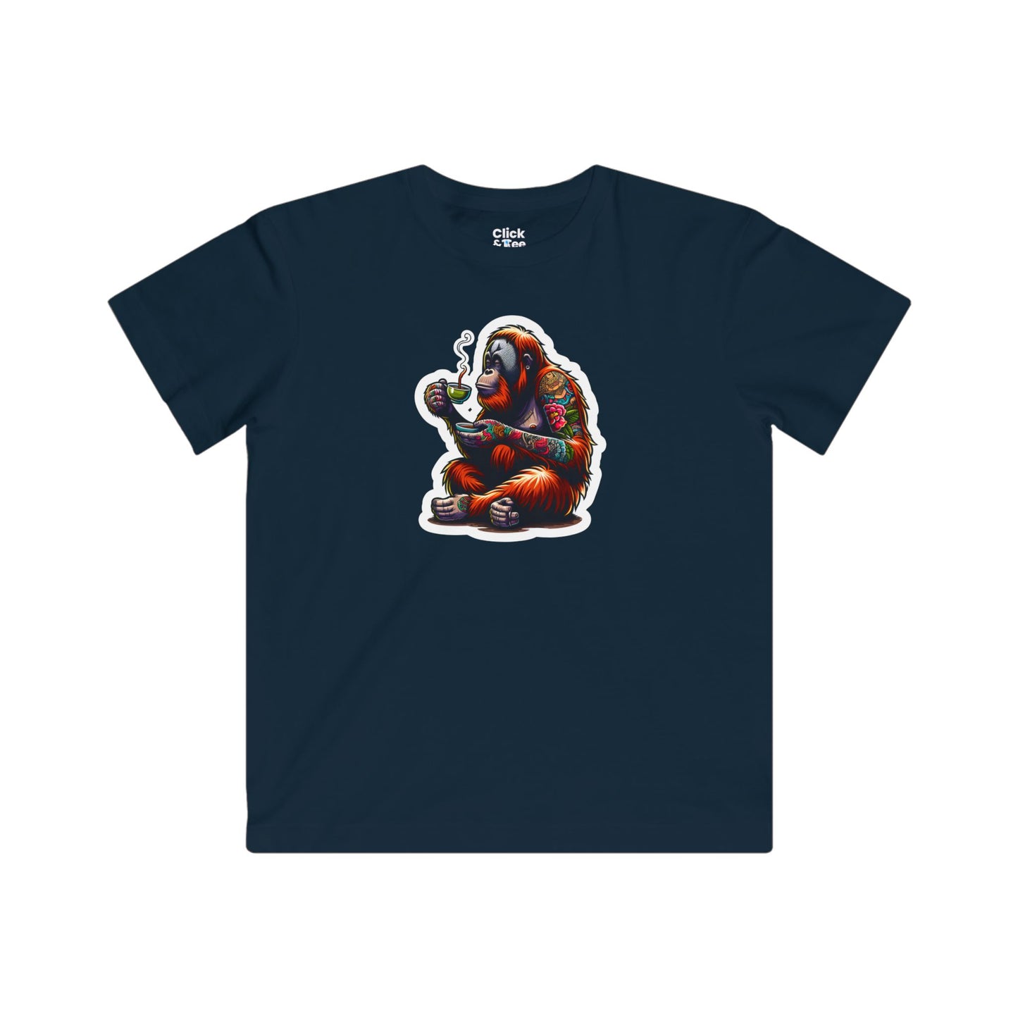Kids Color Splatter T-Shirt - Tattooed Orangutan Drinking Tea - Color Splatter Style T-Shirt