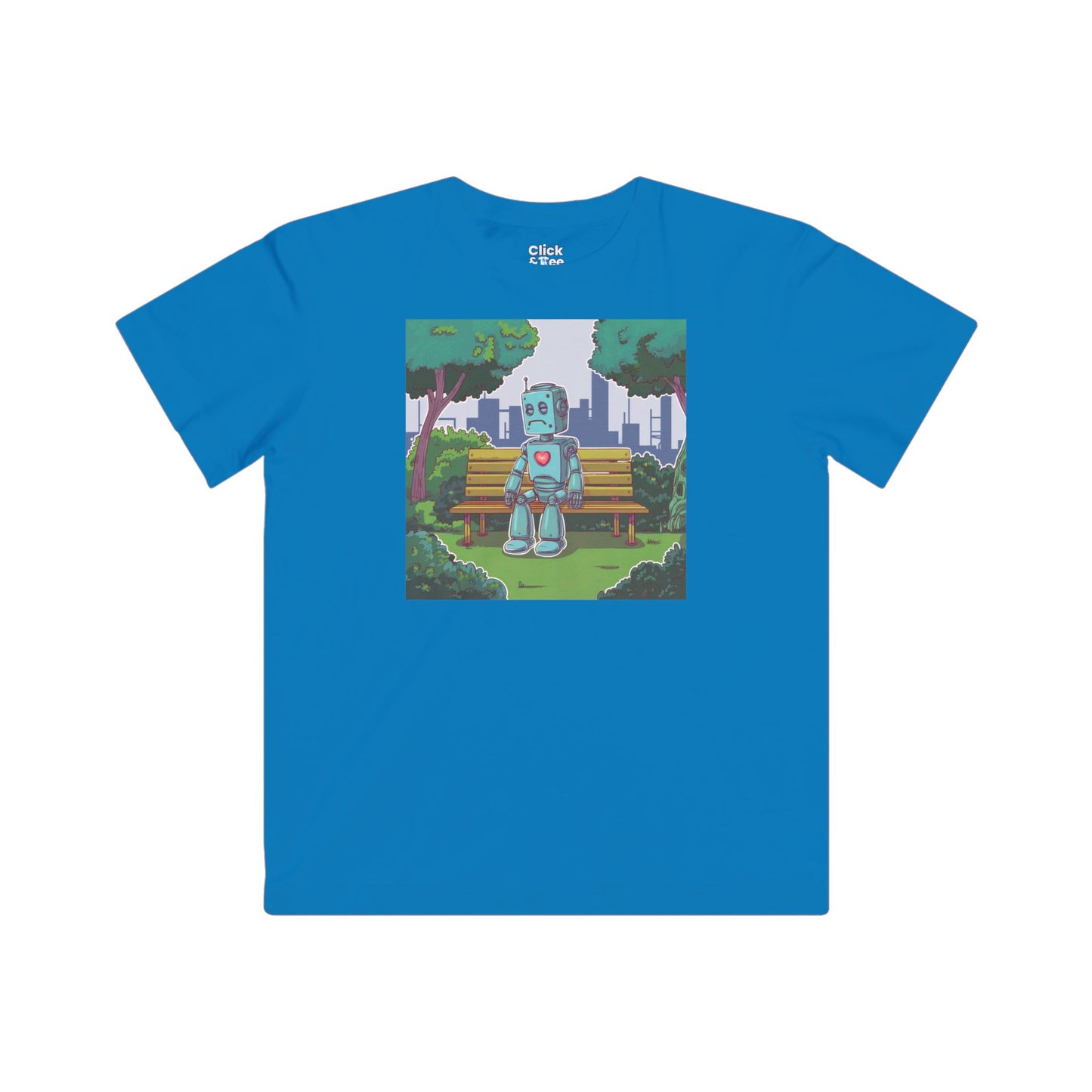 Kids Cyberpunk T-Shirt - Lonely Sad Robot Sitting on a Bench - Cyberpunk Style T-Shirt