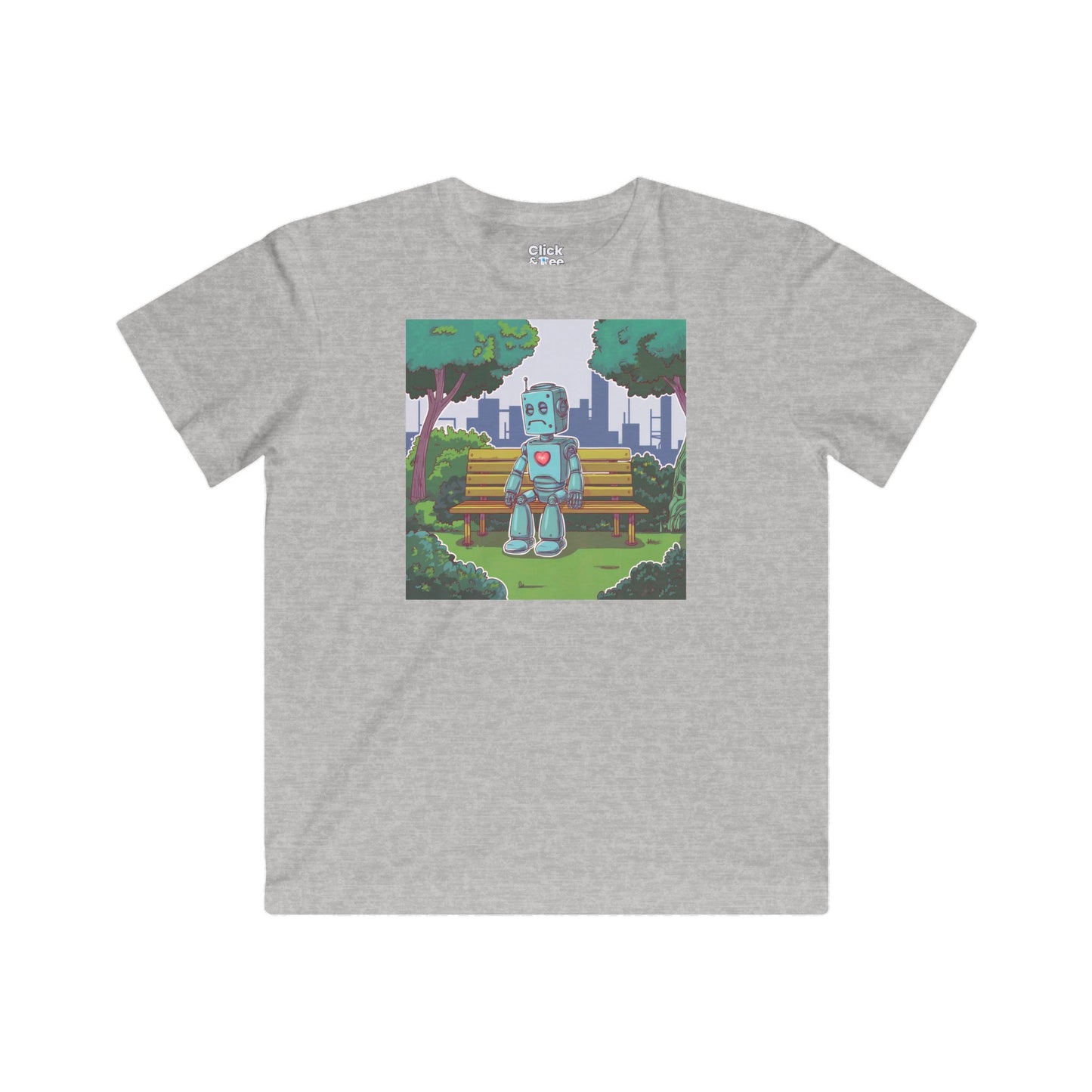 Kids Cyberpunk T-Shirt - Lonely Sad Robot Sitting on a Bench - Cyberpunk Style T-Shirt