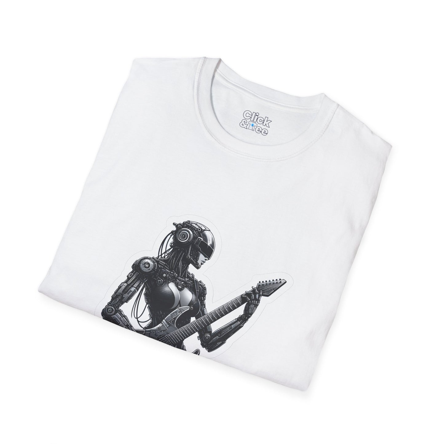Cyberpunk T-Shirt - Post-Apocalyptic Futuristic Female Robot Playing an electric guitar - Cyberpunk Style T-Shirt