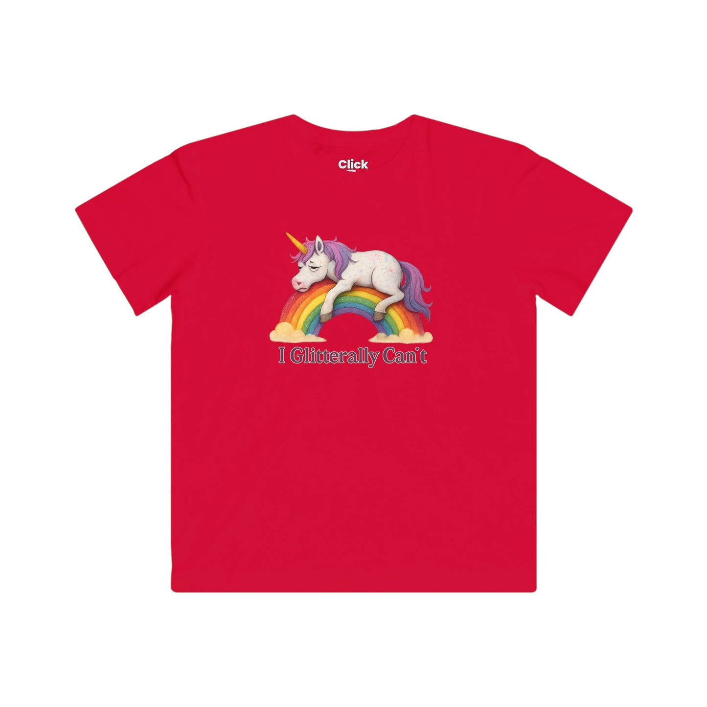 Kids Fantasy T-Shirt - Tired Glittery Magical Unicorn Lying down collapsed on a rainbow - Fantasy Style T-Shirt