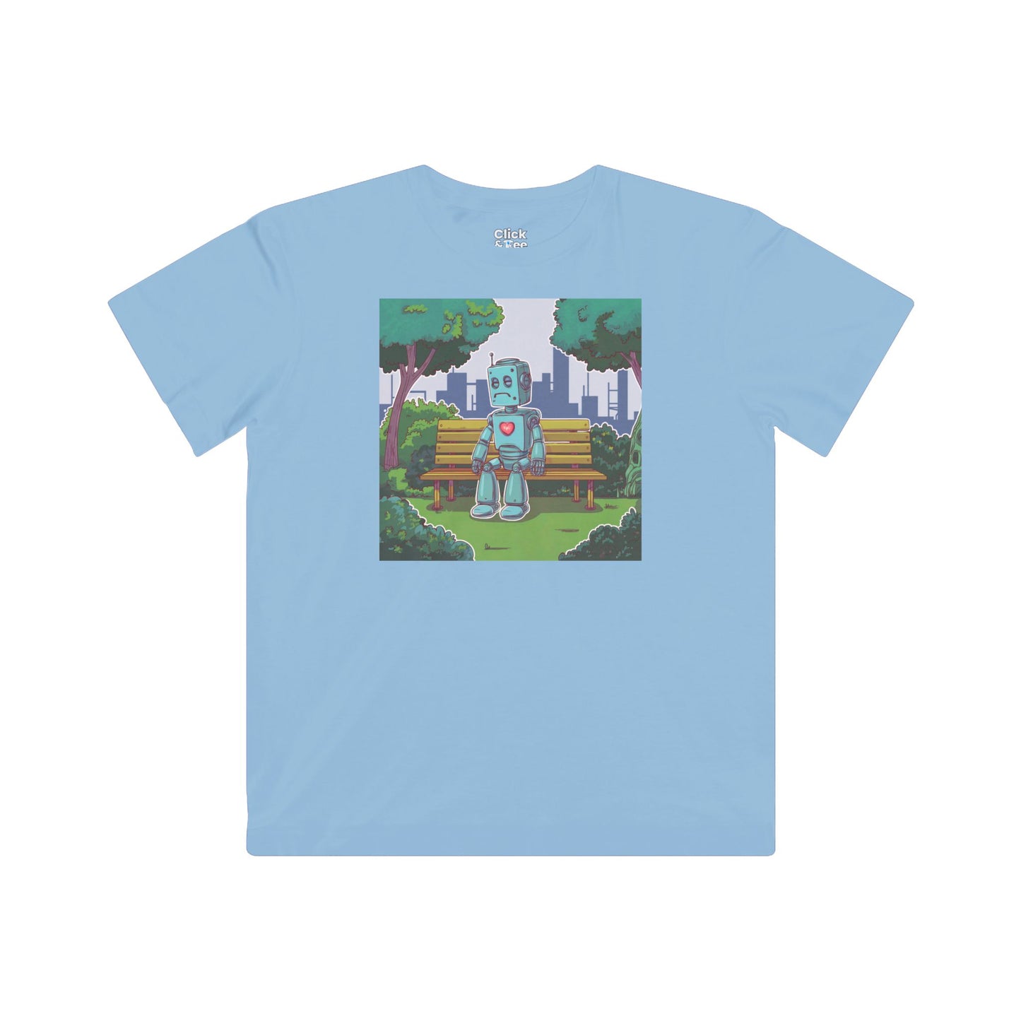Kids Cyberpunk T-Shirt - Lonely Sad Robot Sitting on a Bench - Cyberpunk Style T-Shirt