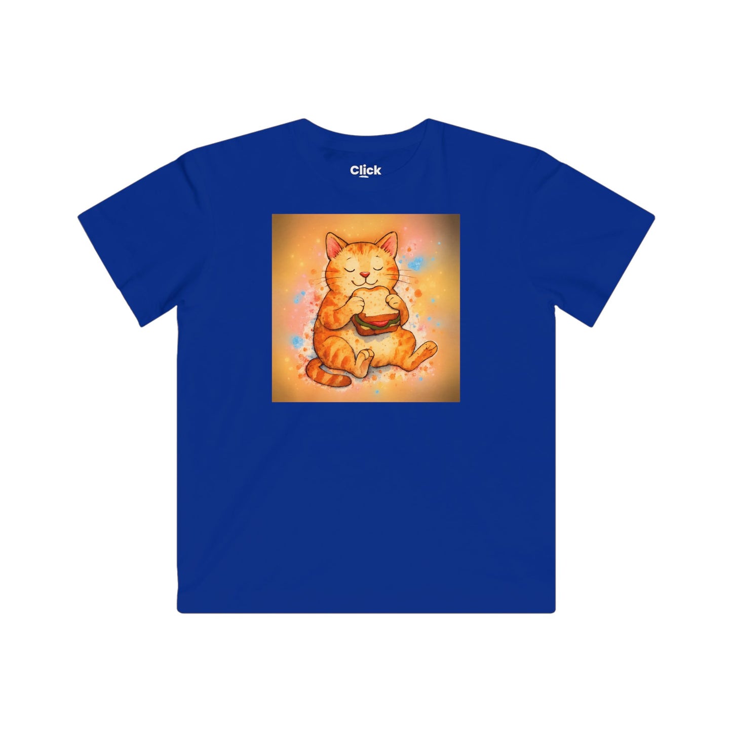 Kids Color Splatter T-Shirt - Relaxed Cat Eating a Sandwhich - Color Splatter Style T-Shirt