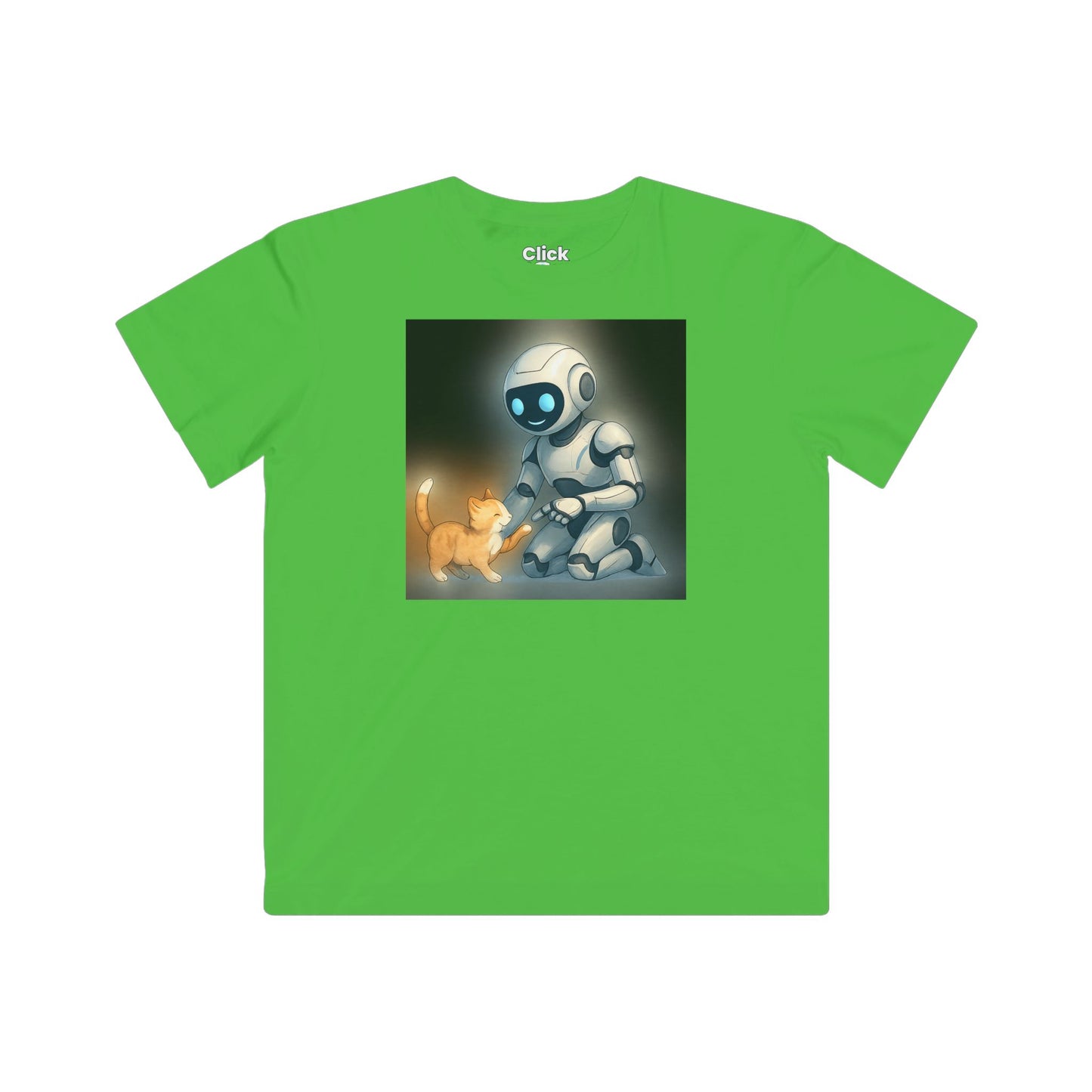 Kids Futuristic T-Shirt - Happy AI Humanoid Robot Playing with a kitten - Futuristic Style T-Shirt