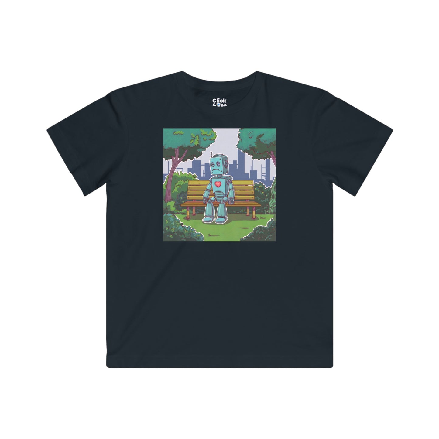 Kids Cyberpunk T-Shirt - Lonely Sad Robot Sitting on a Bench - Cyberpunk Style T-Shirt