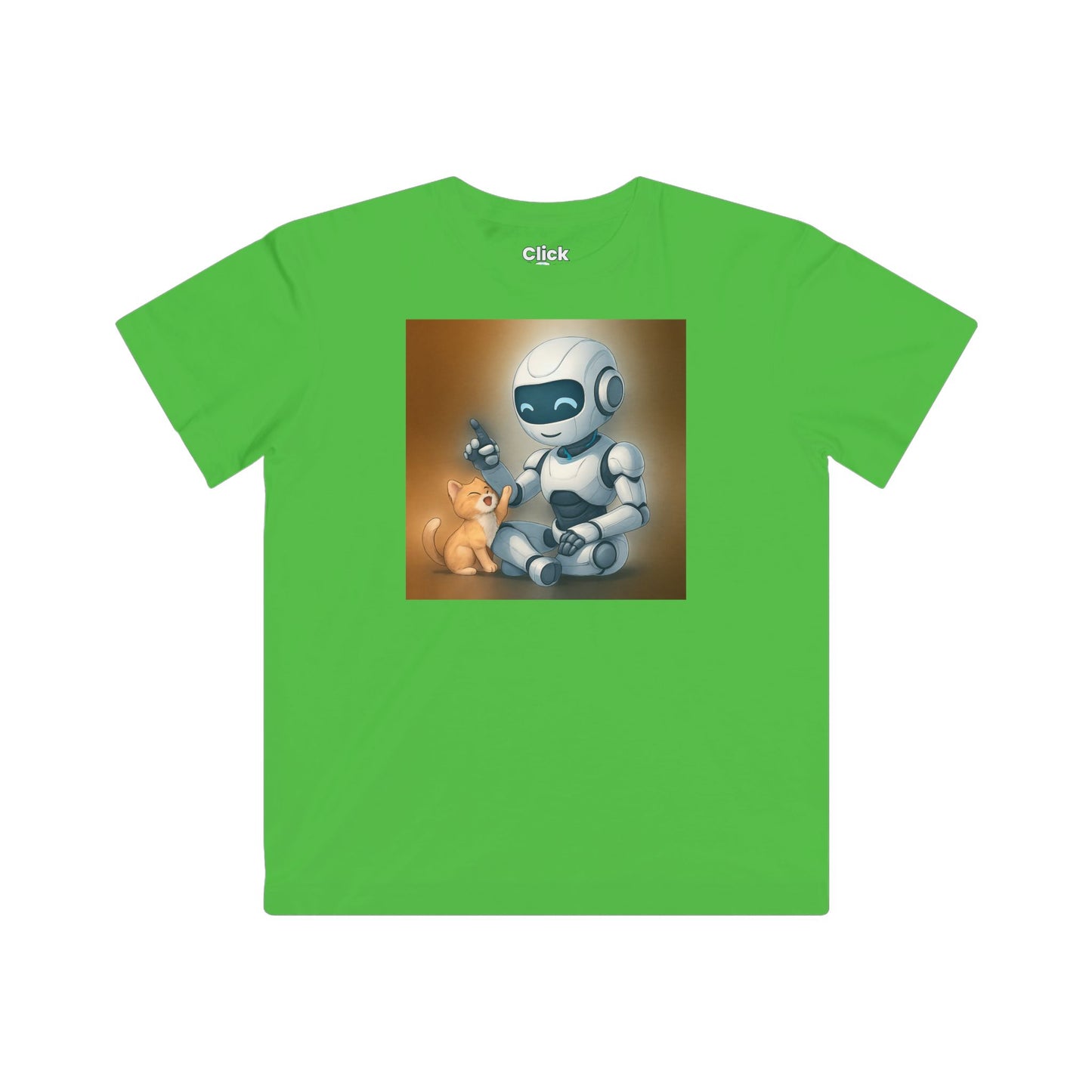 Kids Futuristic T-Shirt - Happy AI Humanoid Robot Playing with a kitten - Futuristic Style T-Shirt
