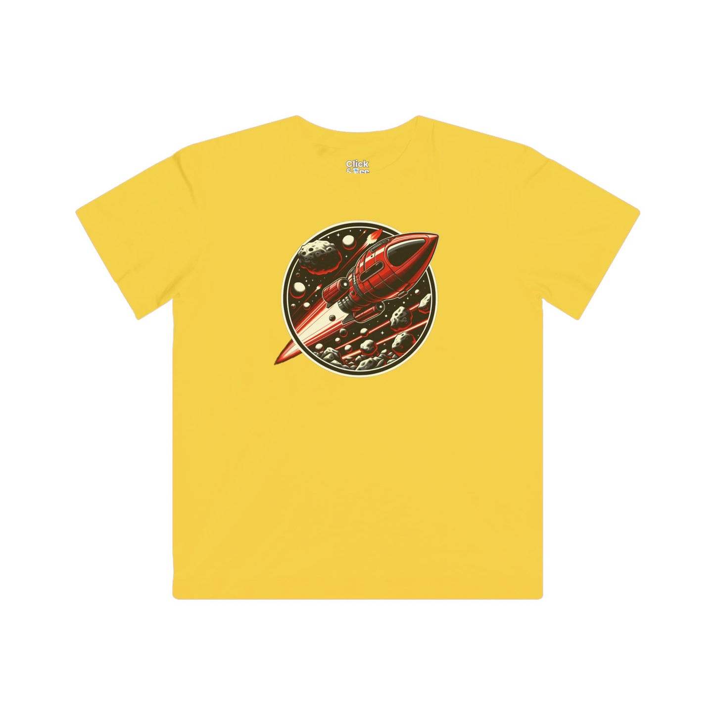 Kids Realistic T-Shirt - Retro-Futuristic Red Rocketship Racing through a treacherous asteroid field - Realistic Style T-Shirt