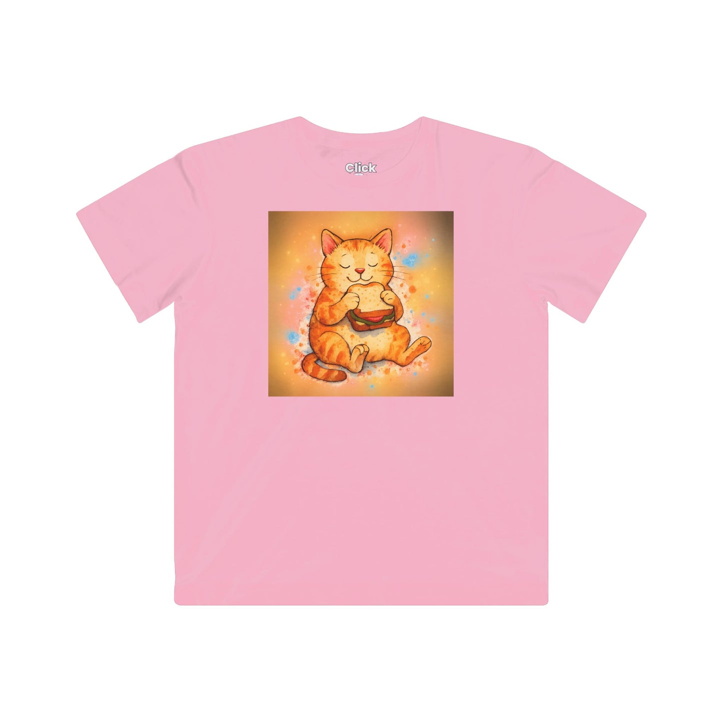 Kids Color Splatter T-Shirt - Relaxed Cat Eating a Sandwhich - Color Splatter Style T-Shirt