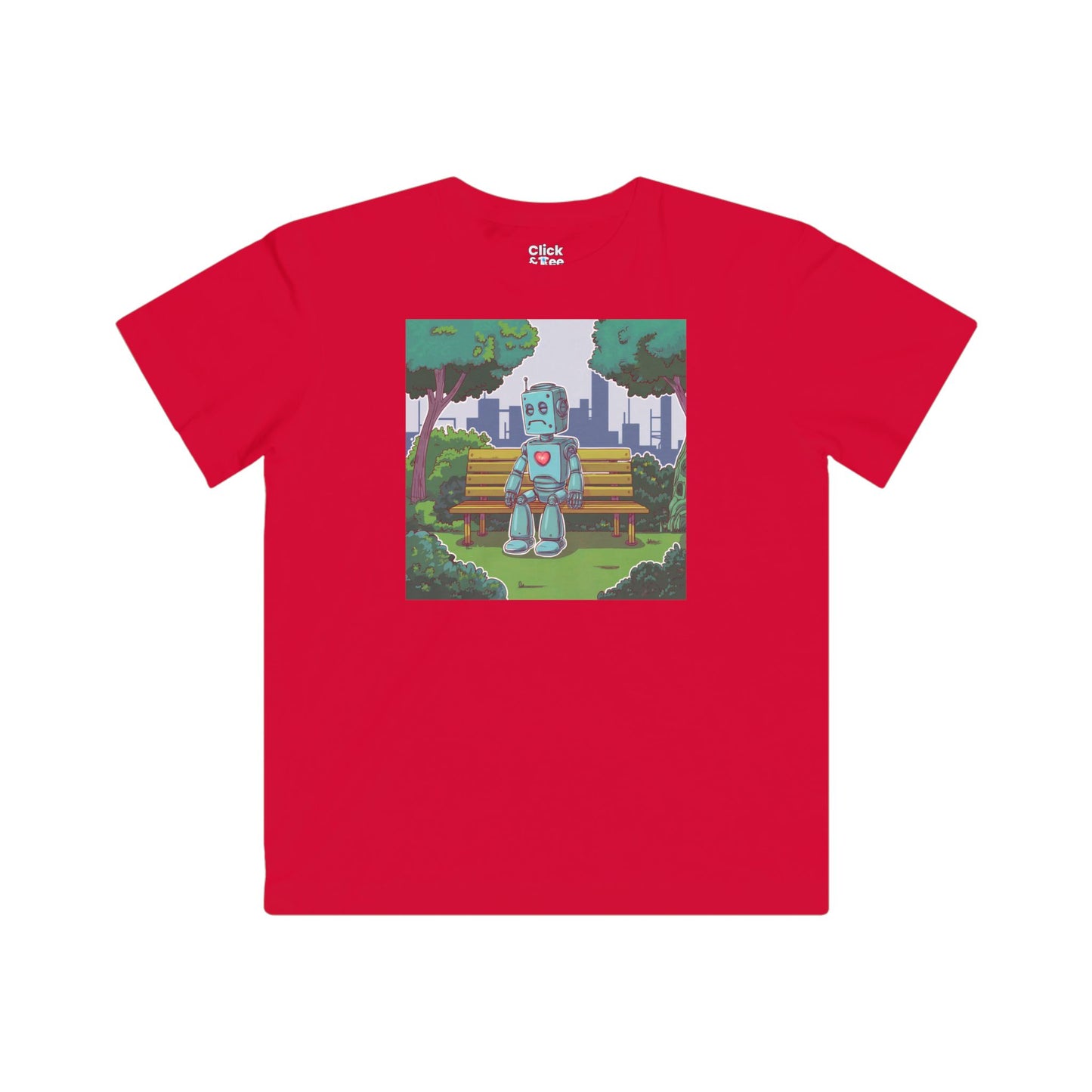 Kids Cyberpunk T-Shirt - Lonely Sad Robot Sitting on a Bench - Cyberpunk Style T-Shirt