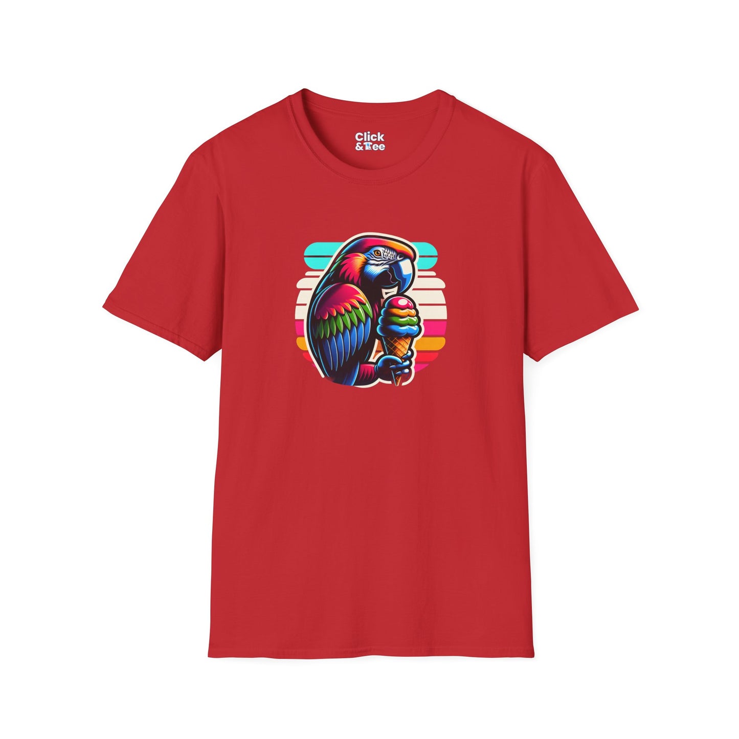 80s Neon T-Shirt - Tropical Parrot Eating rainbow ice cream - 80s Neon Style T-Shirt