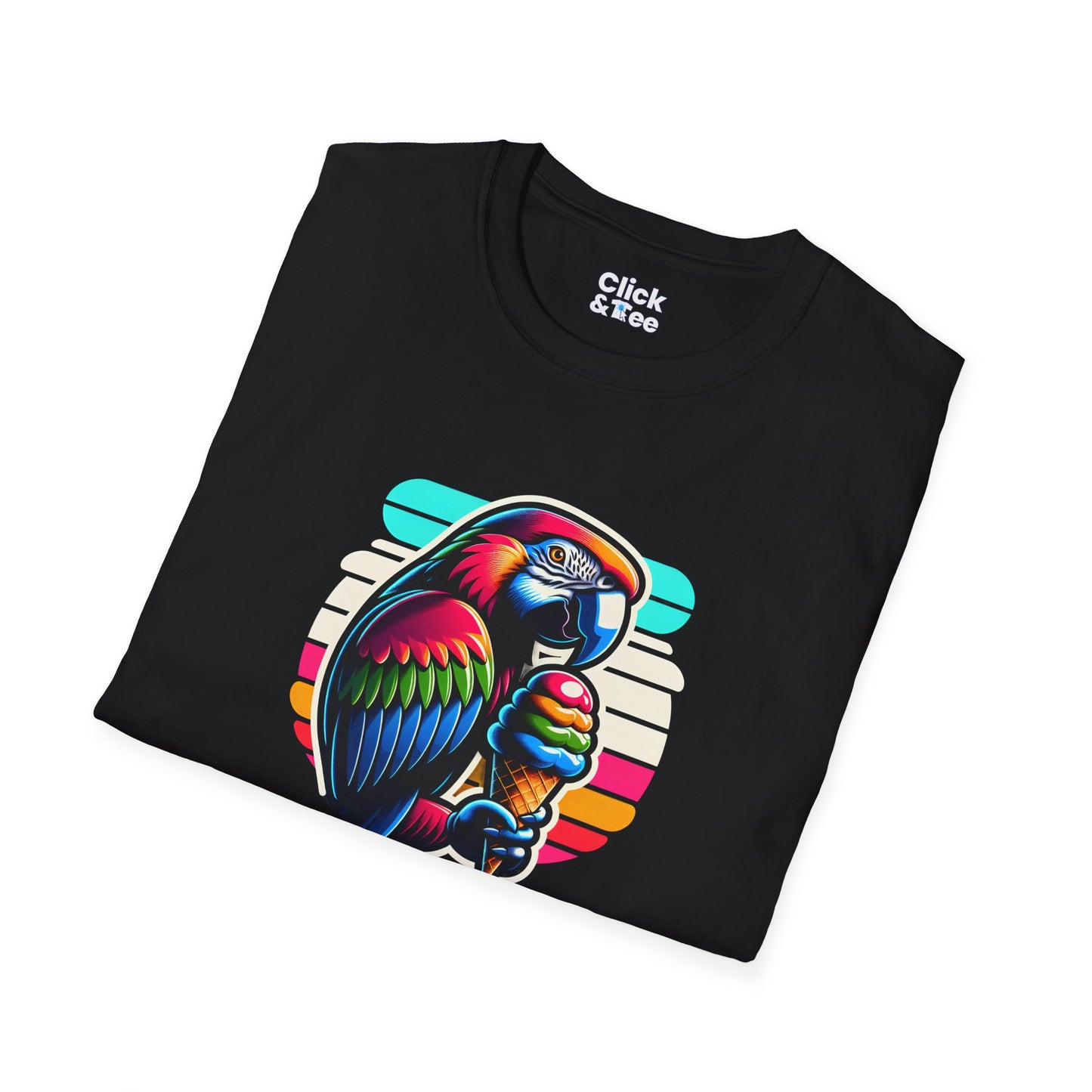 80s Neon T-Shirt - Tropical Parrot Eating rainbow ice cream - 80s Neon Style T-Shirt