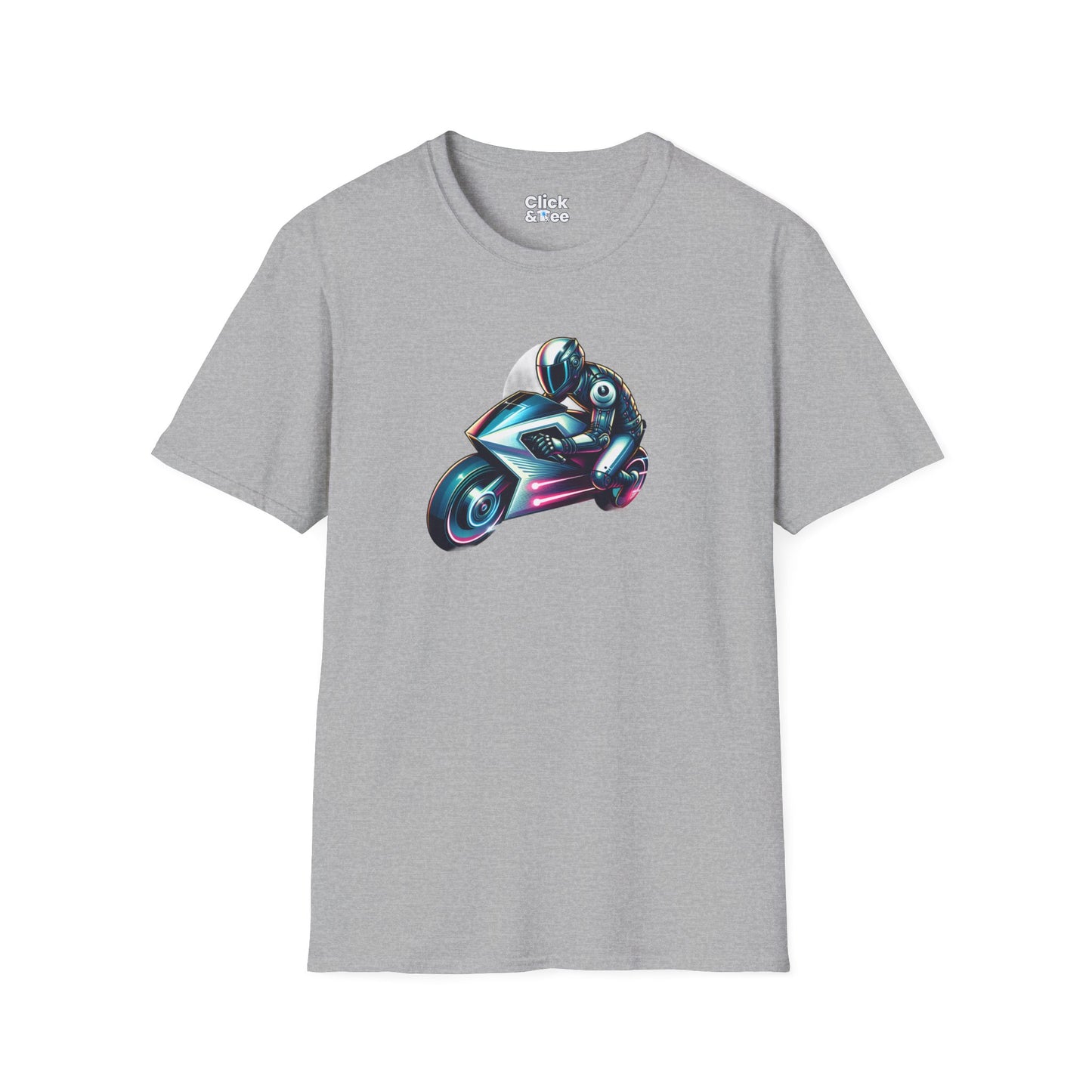 Synthwave T-Shirt - Futuristic Racer Riding a futuristic light bike - Synthwave Style T-Shirt