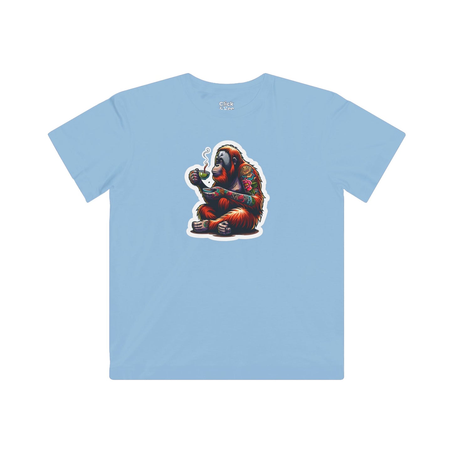 Kids Color Splatter T-Shirt - Tattooed Orangutan Drinking Tea - Color Splatter Style T-Shirt