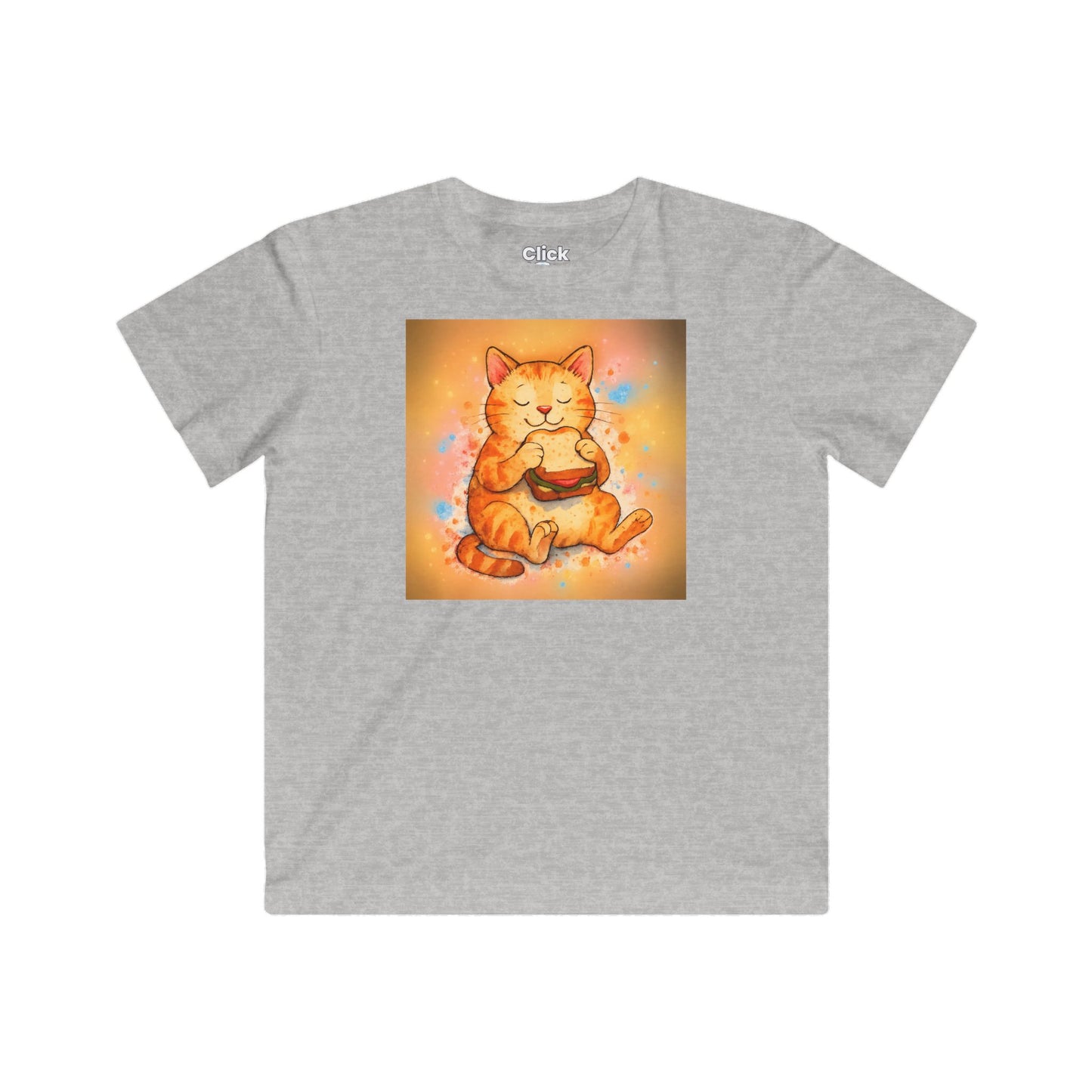 Kids Color Splatter T-Shirt - Relaxed Cat Eating a Sandwhich - Color Splatter Style T-Shirt