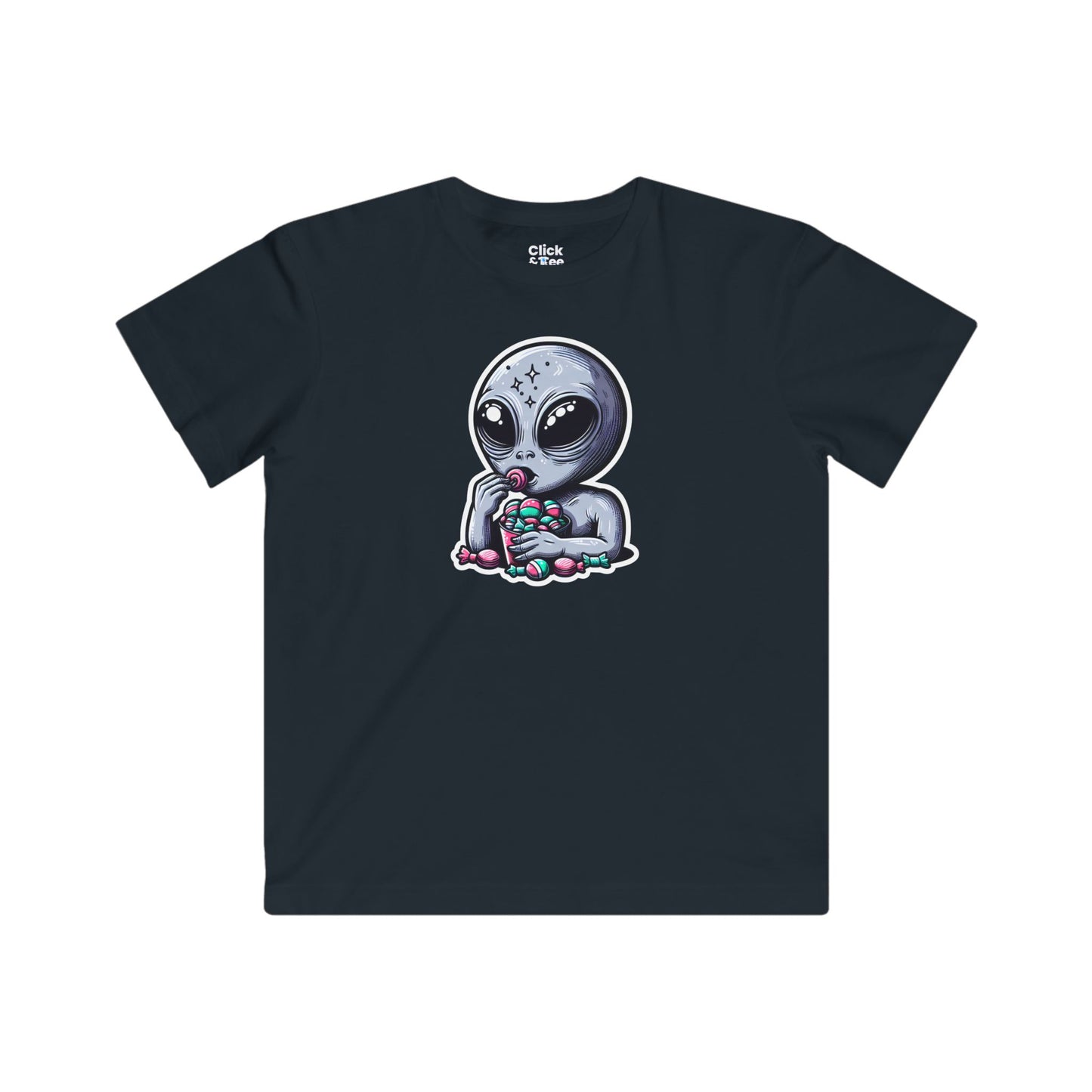 Kids Digital Art T-Shirt - Sleepy Alien Eating Candy - Digital Art Style T-Shirt