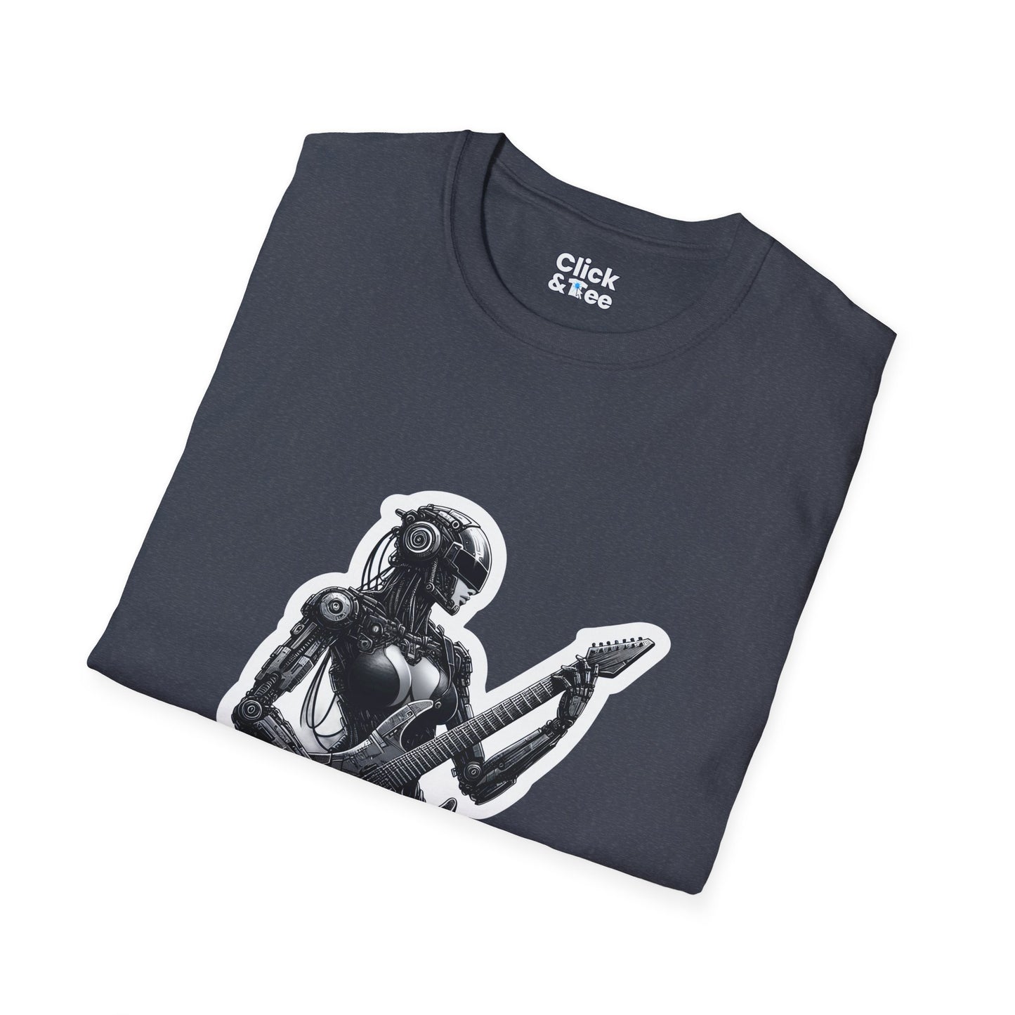 Cyberpunk T-Shirt - Post-Apocalyptic Futuristic Female Robot Playing an electric guitar - Cyberpunk Style T-Shirt