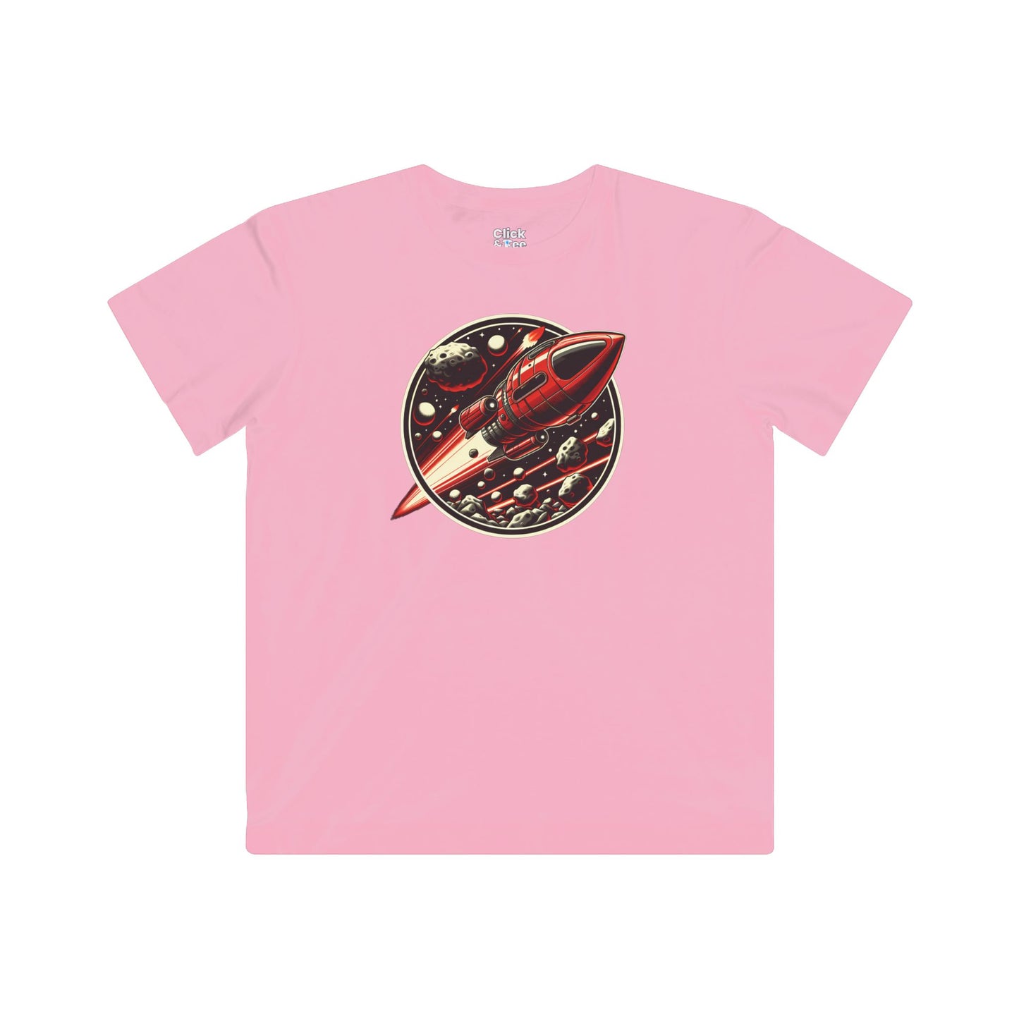 Kids Realistic T-Shirt - Retro-Futuristic Red Rocketship Racing through a treacherous asteroid field - Realistic Style T-Shirt