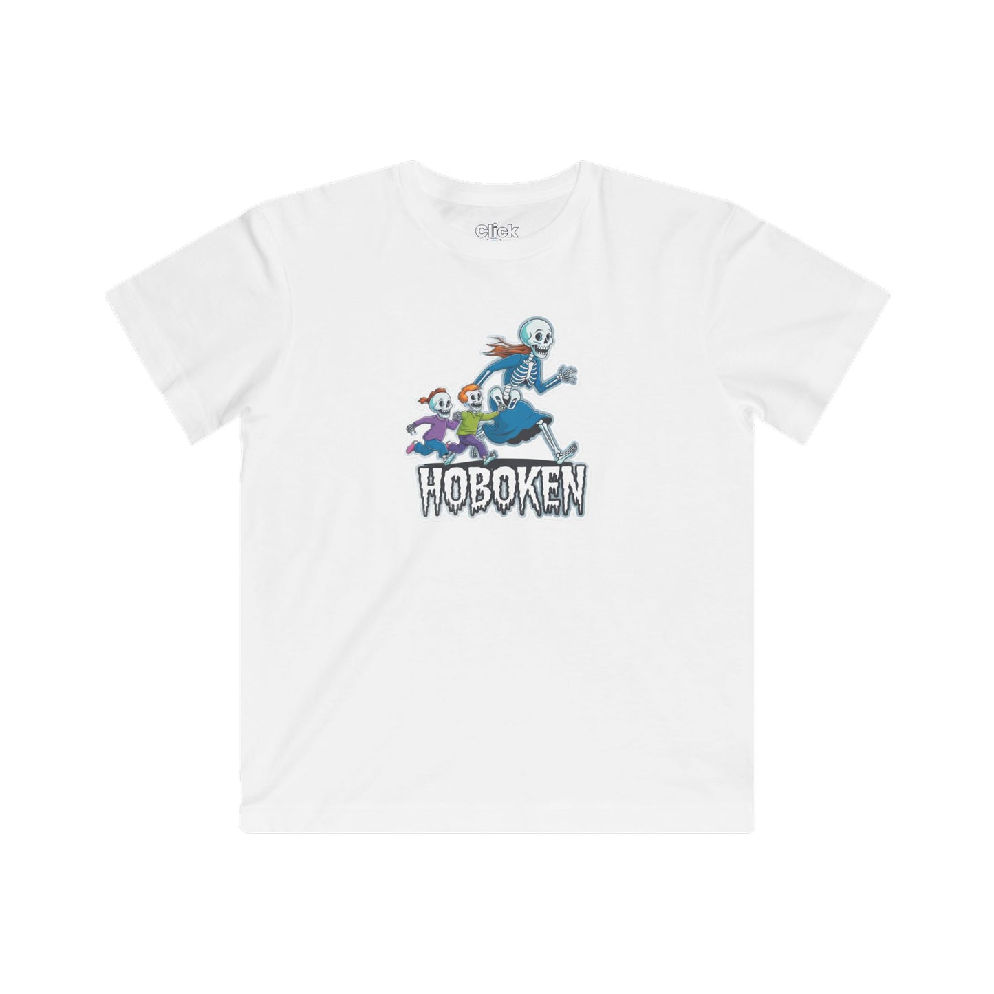 Kids Cartoon T-Shirt - Spooky Letter Art with a Skeleton Mom Chasing her Kids - Cartoon Style T-Shirt