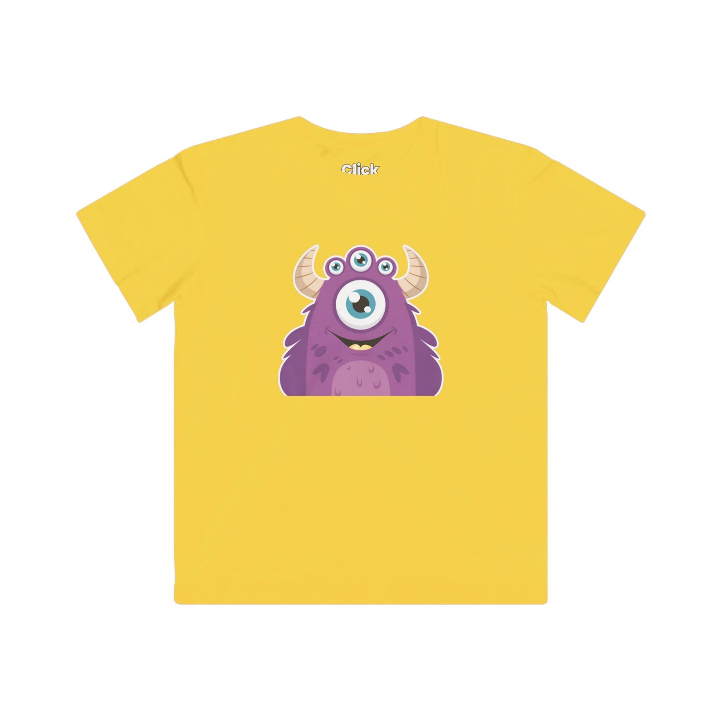 Kids Cartoon T-Shirt - Purple Monster Three eyes with horns and smiling - Cartoon Style T-Shirt