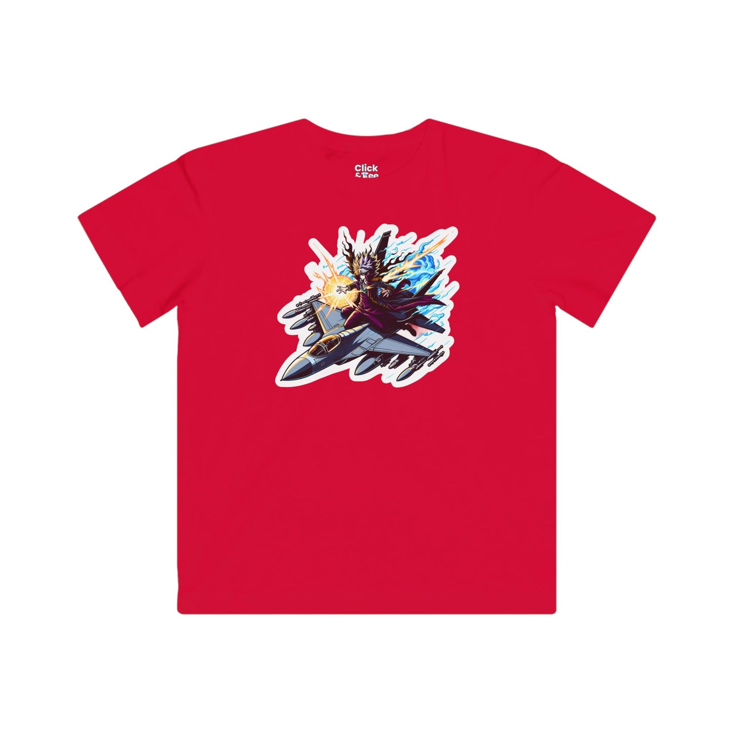 Kids Shonen Anime T-Shirt - Disheveled Warlock Flying a Fighter Jet - Shonen Anime Style T-Shirt
