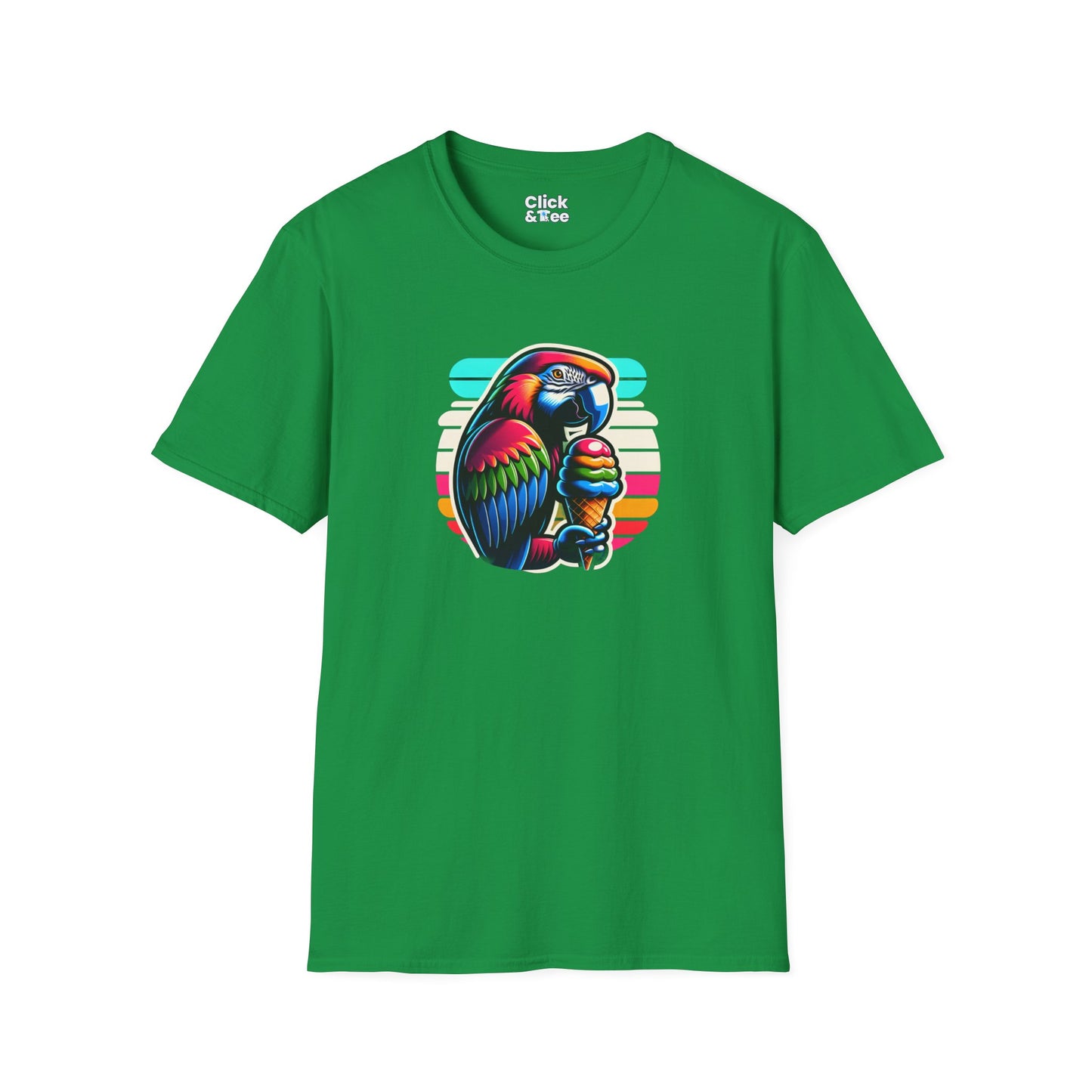 80s Neon T-Shirt - Tropical Parrot Eating rainbow ice cream - 80s Neon Style T-Shirt