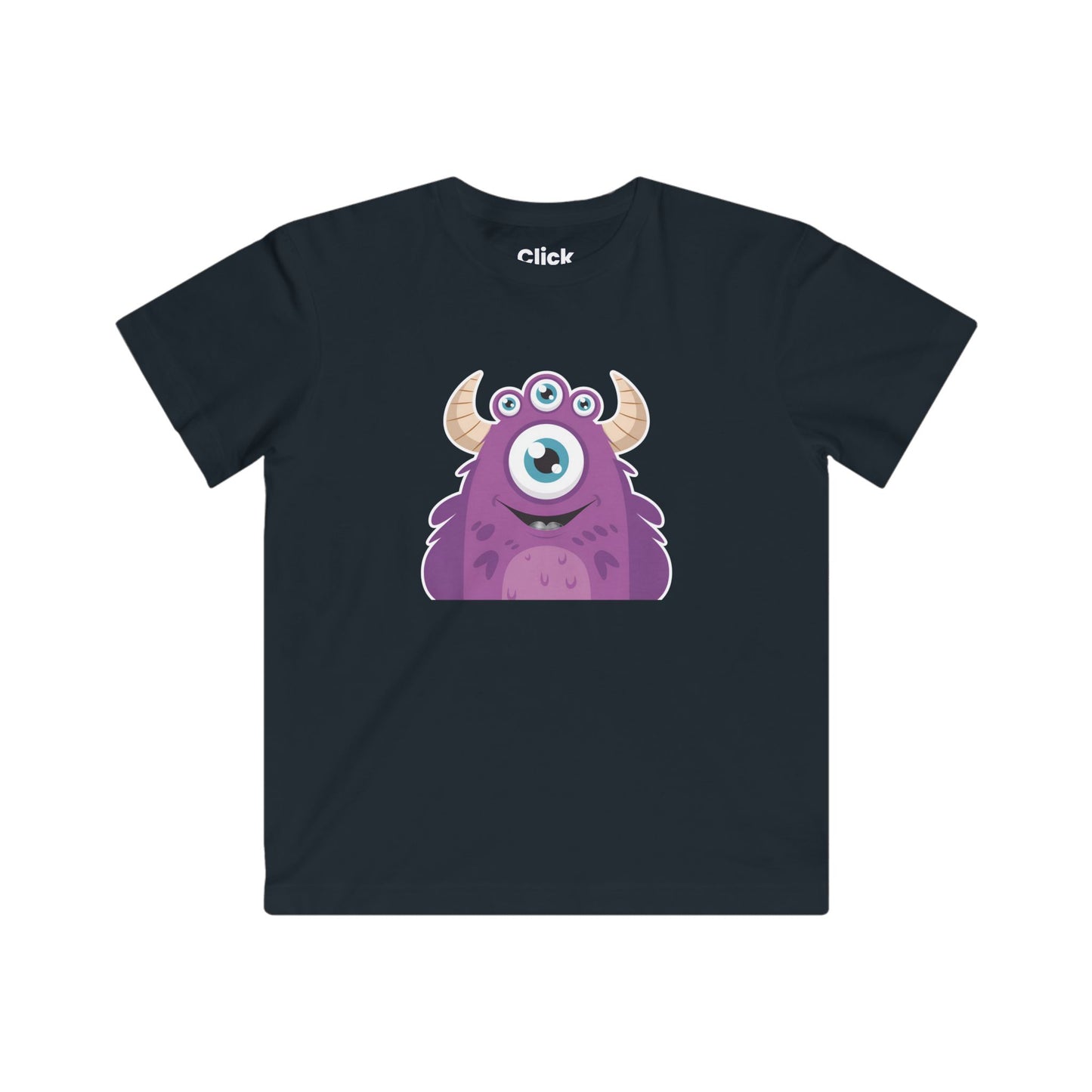 Kids Cartoon T-Shirt - Purple Monster Three eyes with horns and smiling - Cartoon Style T-Shirt