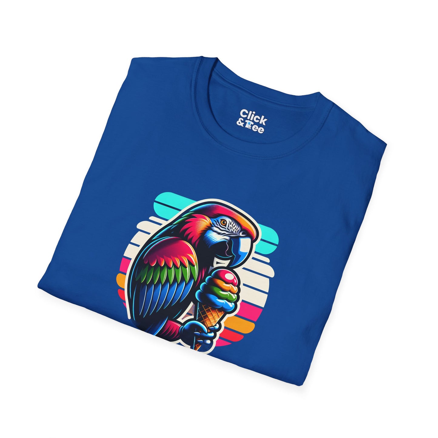 80s Neon T-Shirt - Tropical Parrot Eating rainbow ice cream - 80s Neon Style T-Shirt