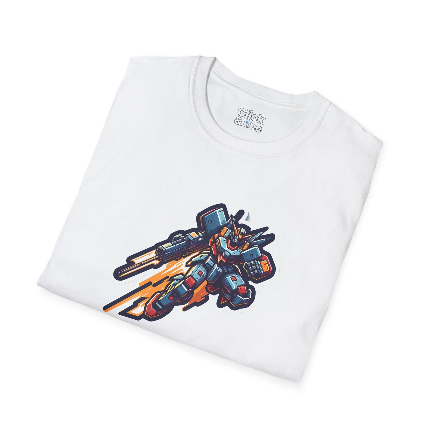 Retro T-Shirt - Battle-scarred Warrior mech rocketing through the air - Retro Style T-Shirt