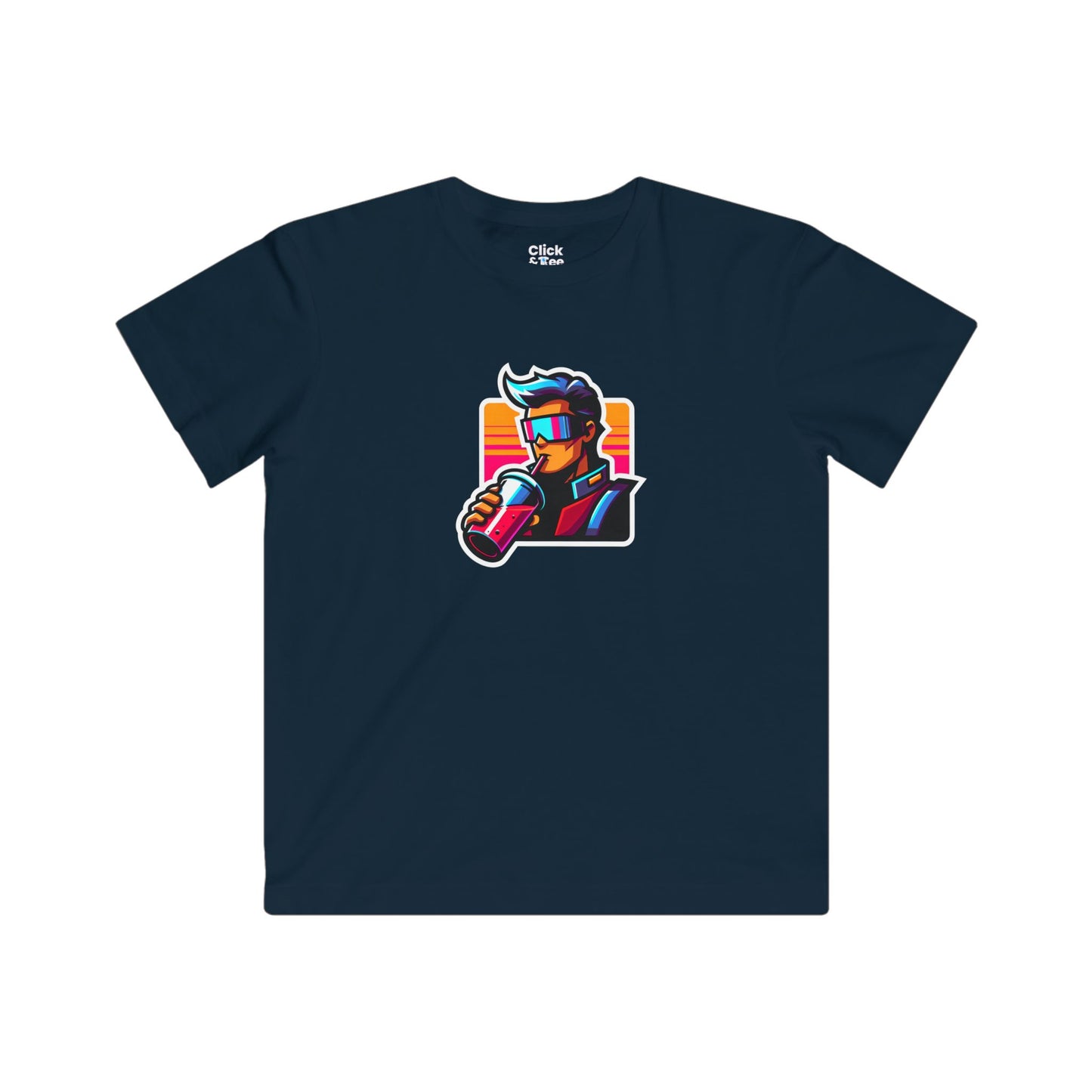 Kids Cartoon T-Shirt - Retro-futuristic Maverick Drinking a Smoothie - Cartoon Style T-Shirt